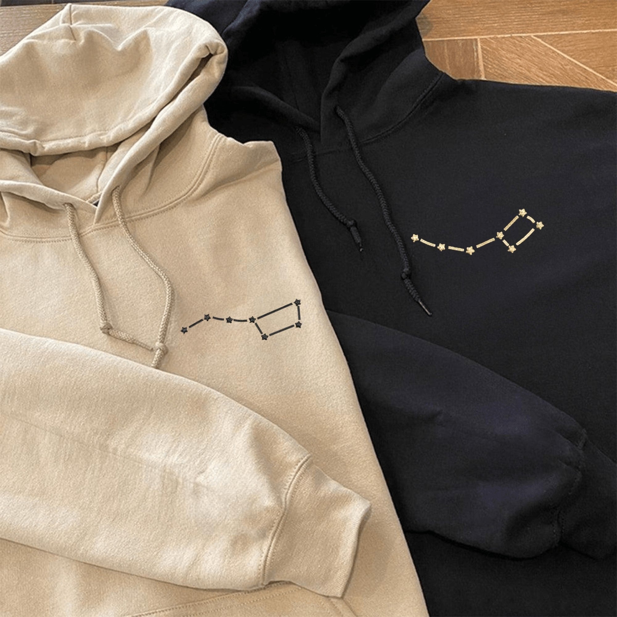 Custom embroidered Big and Little Dipper hoodies for couples.
