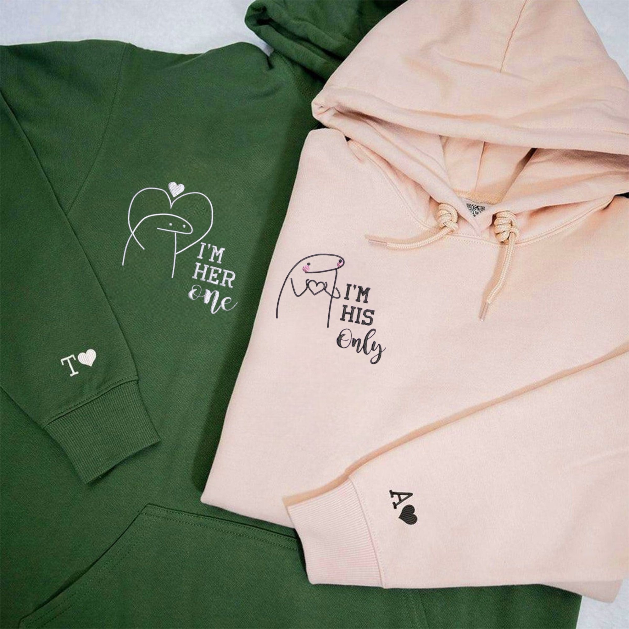 Matching couple hoodies with "I'm Her One" and "I'm His Only" designs.