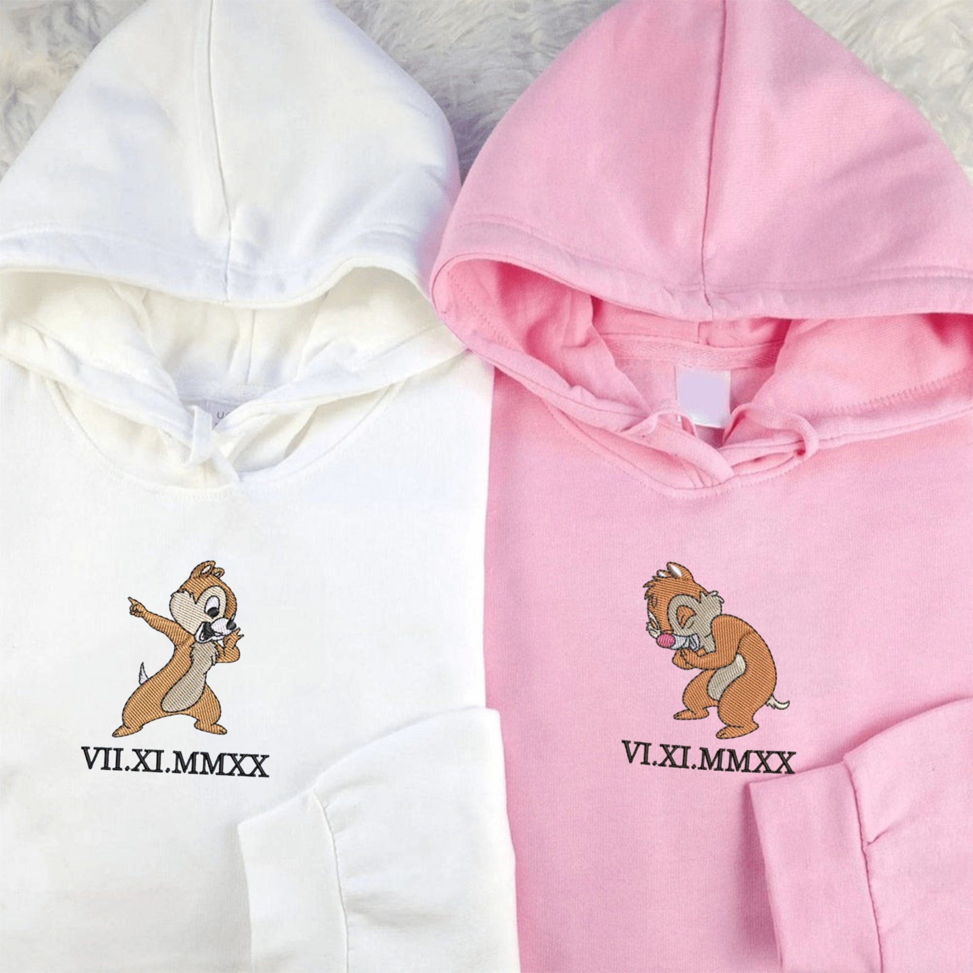 Chip & Dale custom embroidered matching couple hoodies with personalized roman numeral date