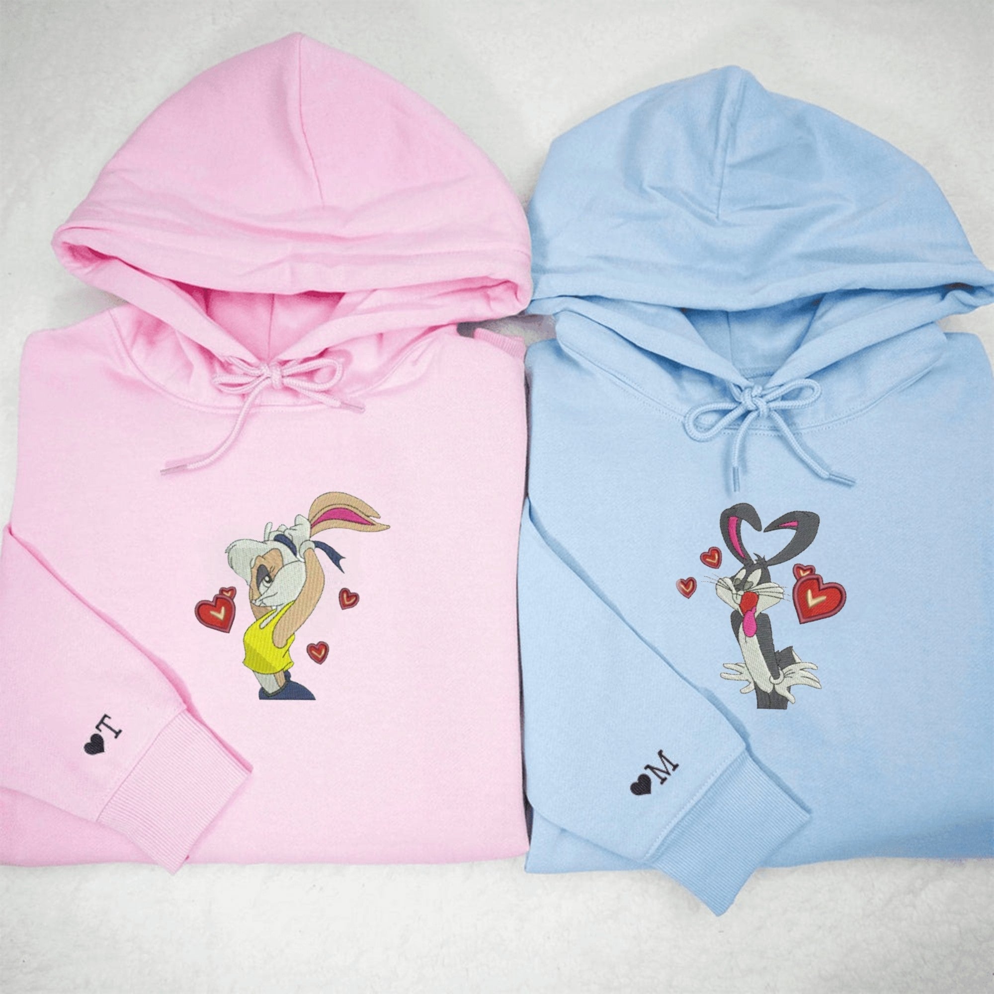 Custom Lola Bunny and Bugs Bunny embroidered partner hoodies

