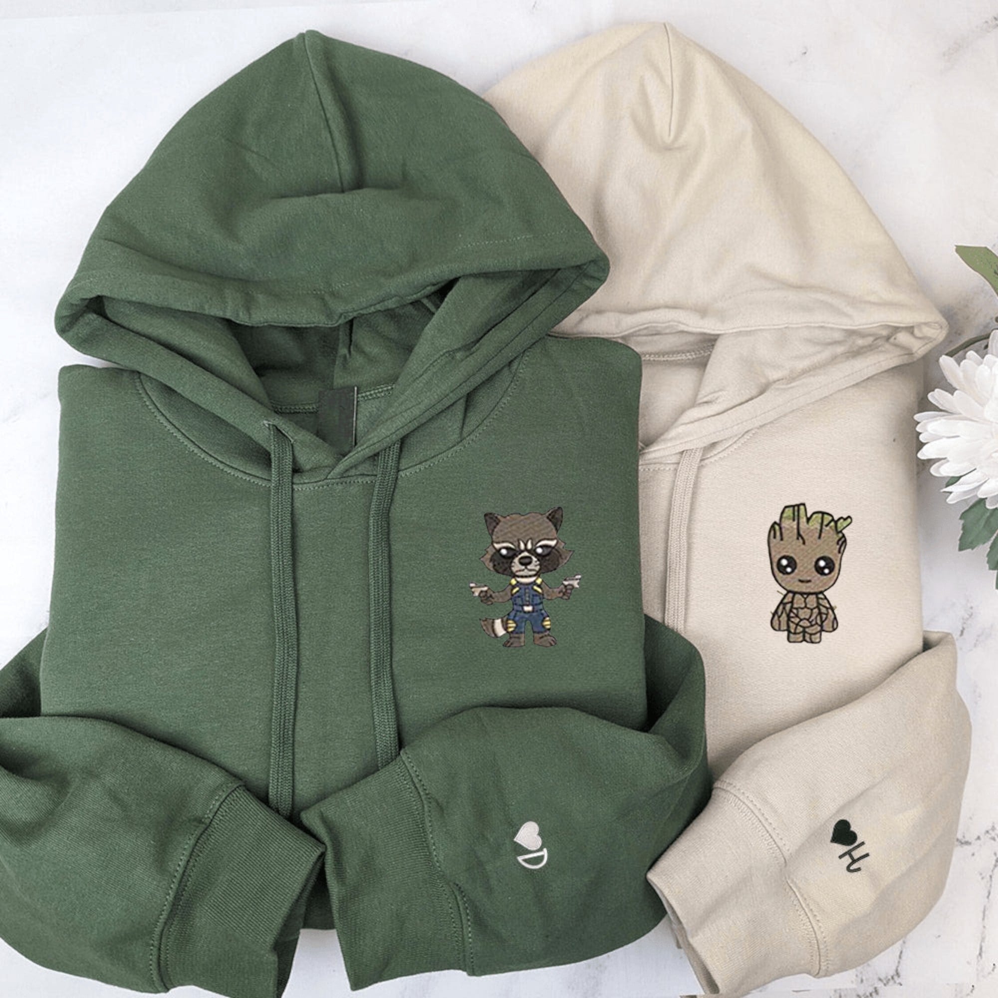 Rocket and Groot matching couple hoodies in green and beige

