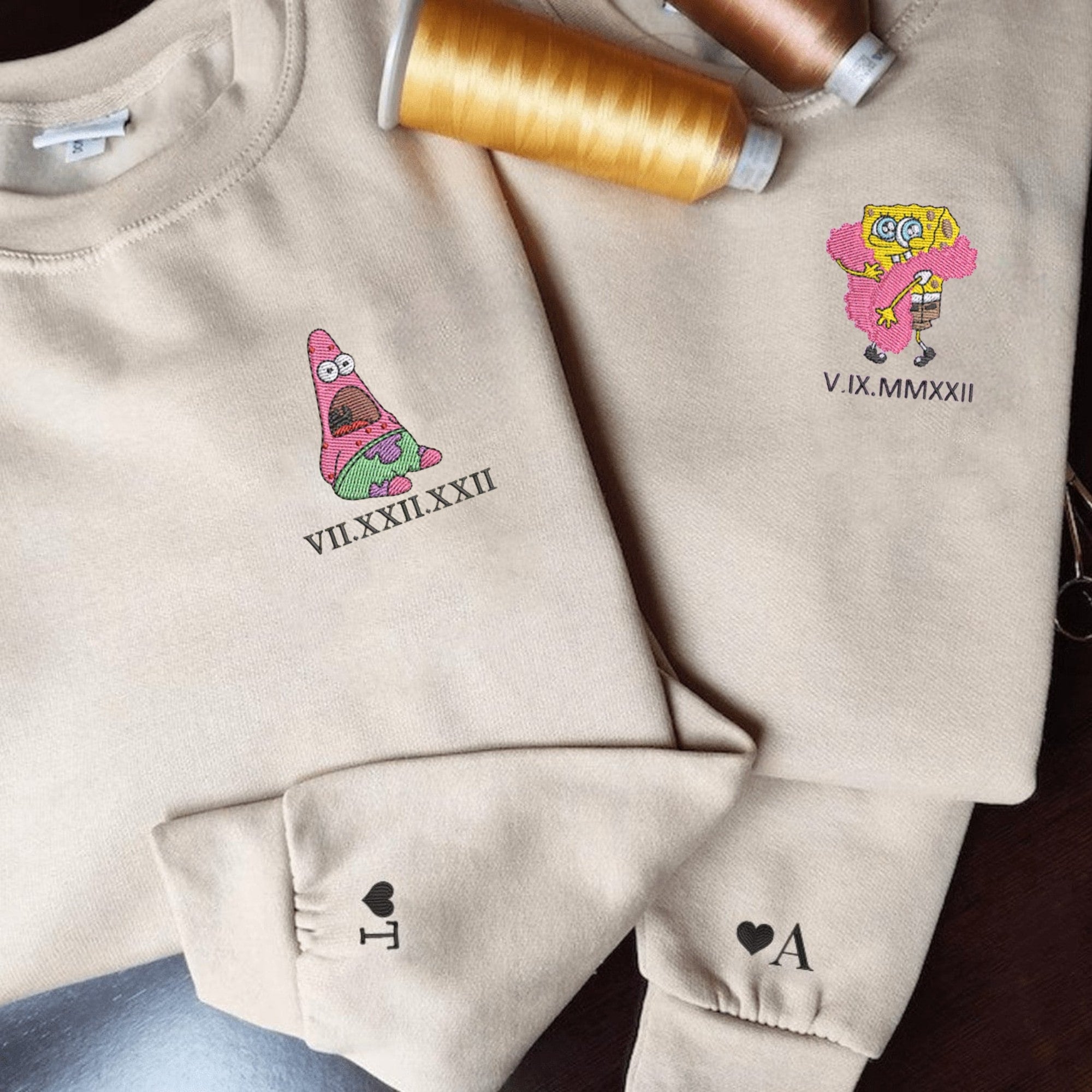 Custom couple hoodie with Patrick embroidery design.