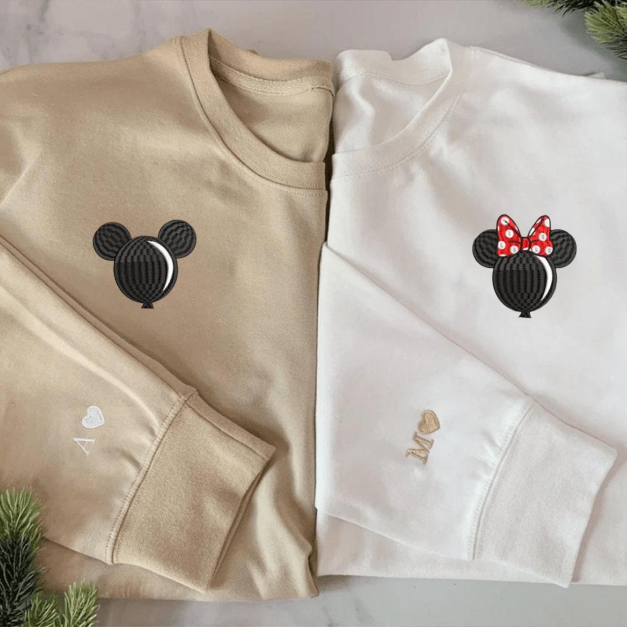 Matching couple hoodies with mouse ear balloon embroidery design