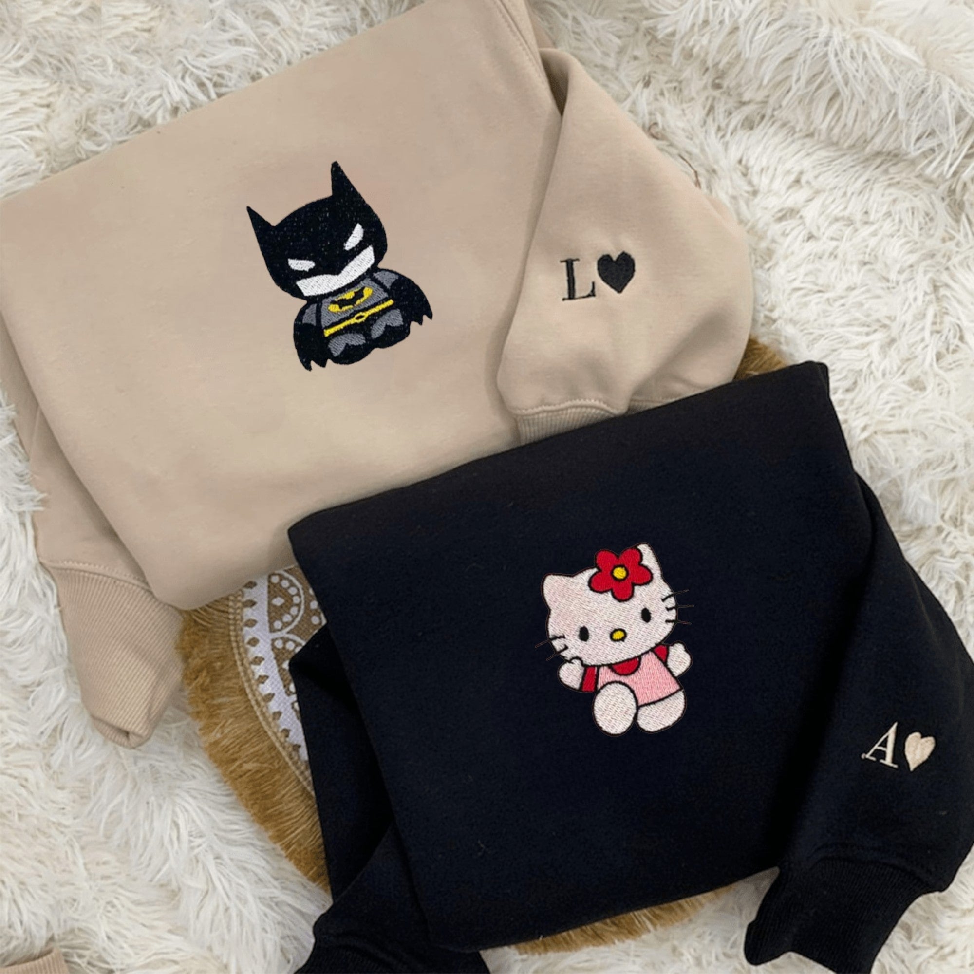 Cute Batman and Hello Kitty custom hoodies for partners

