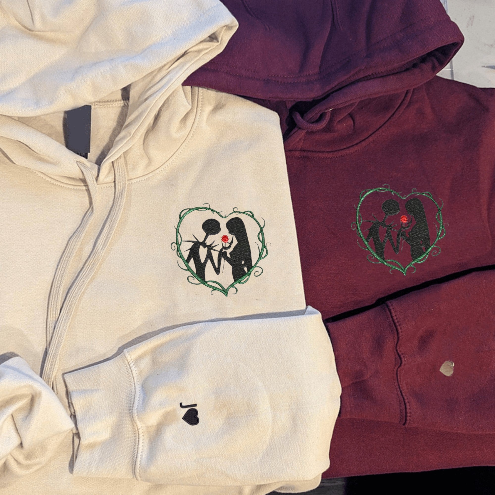 Skeleton couple embroidered heart hoodies, custom matching hoodies for halloween

