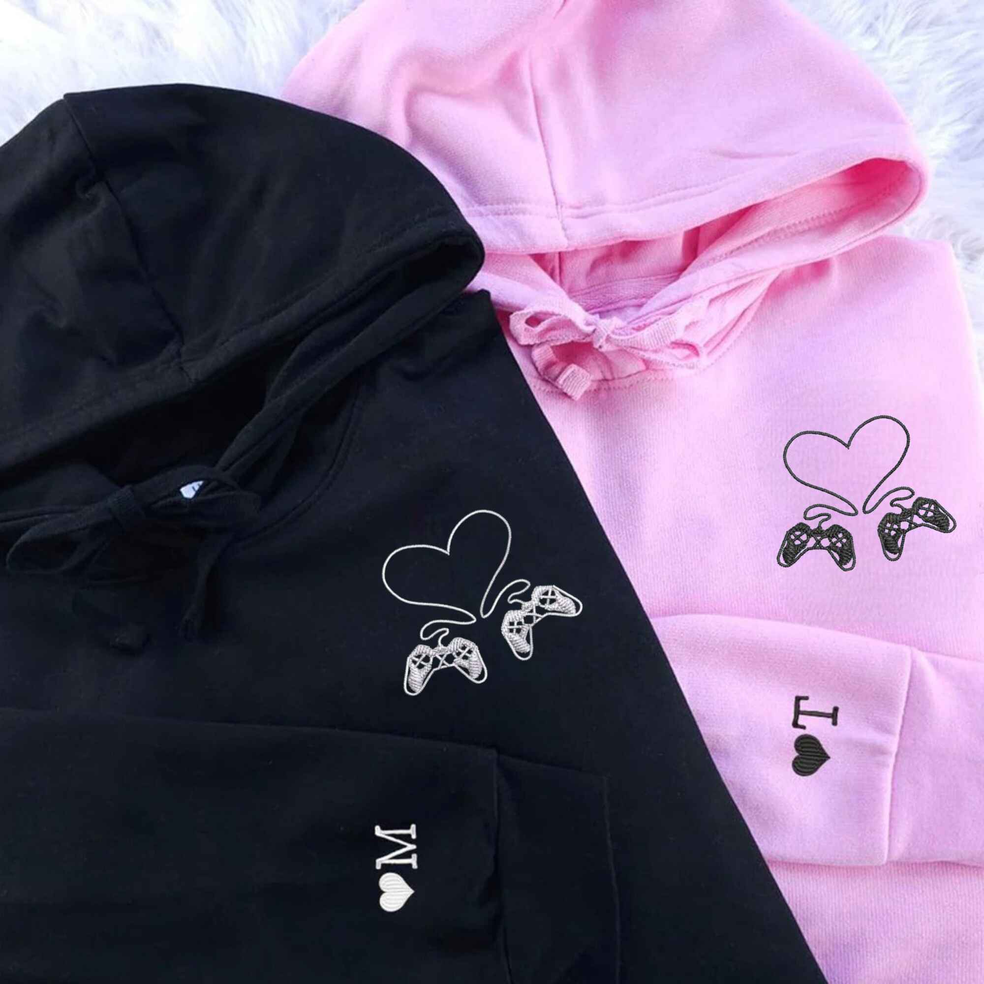 Matching Couple Hoodies featuring cute couples matching hoodies with a gamer love controller design.
