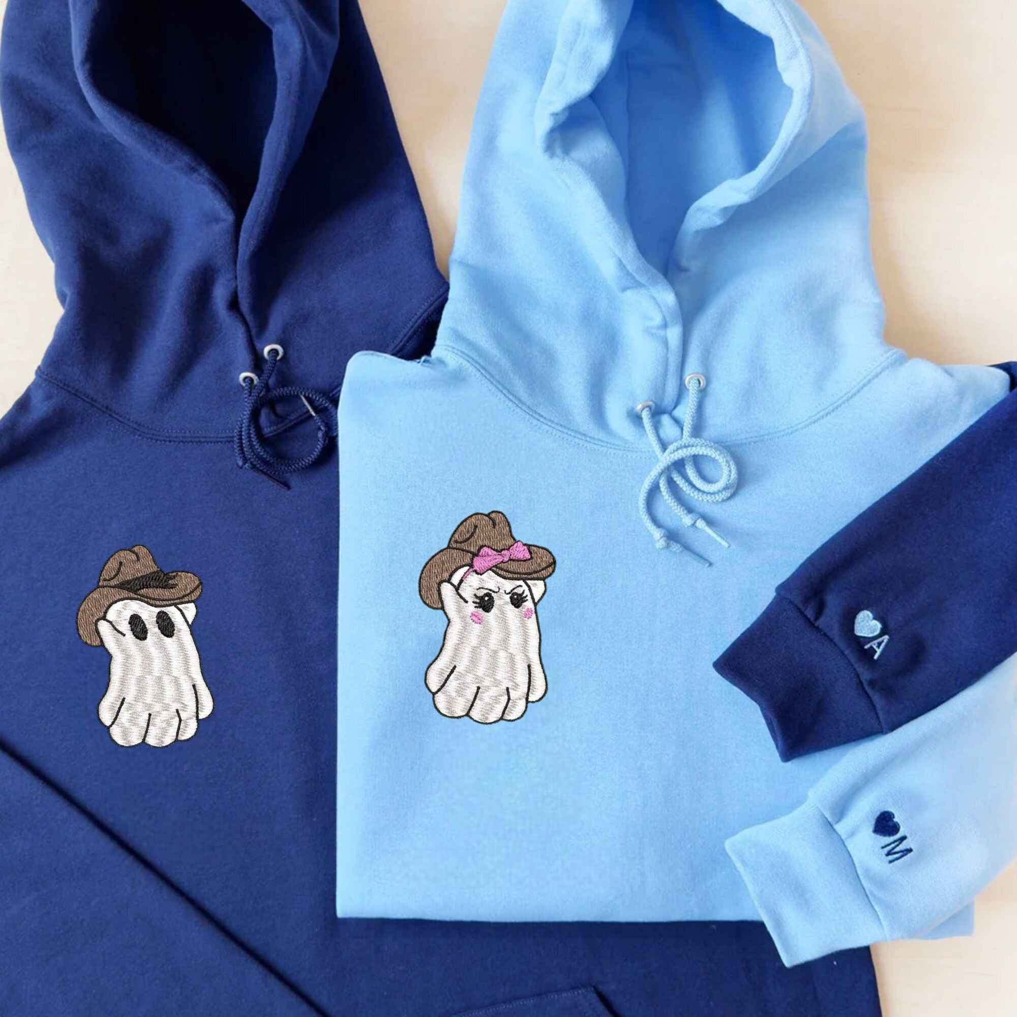 Matching Couple Hoodies featuring cute cowboy ghost designs with personalized details.
