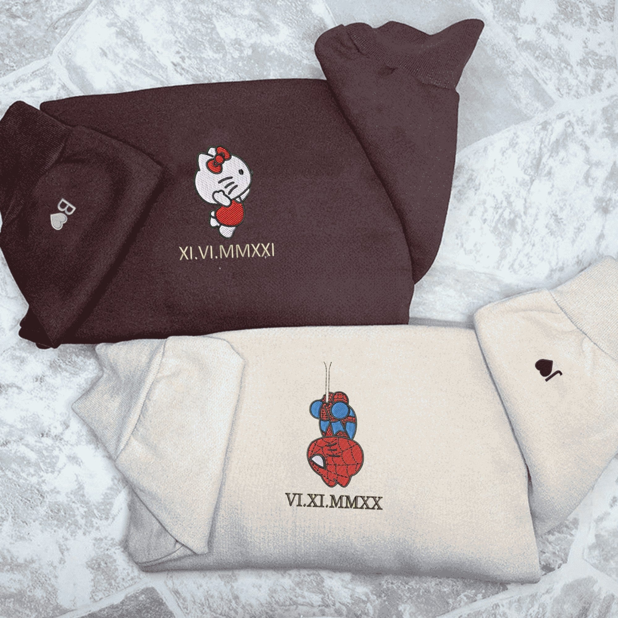 Custom embroidered couples matching hoodies with Spider and Kitten design