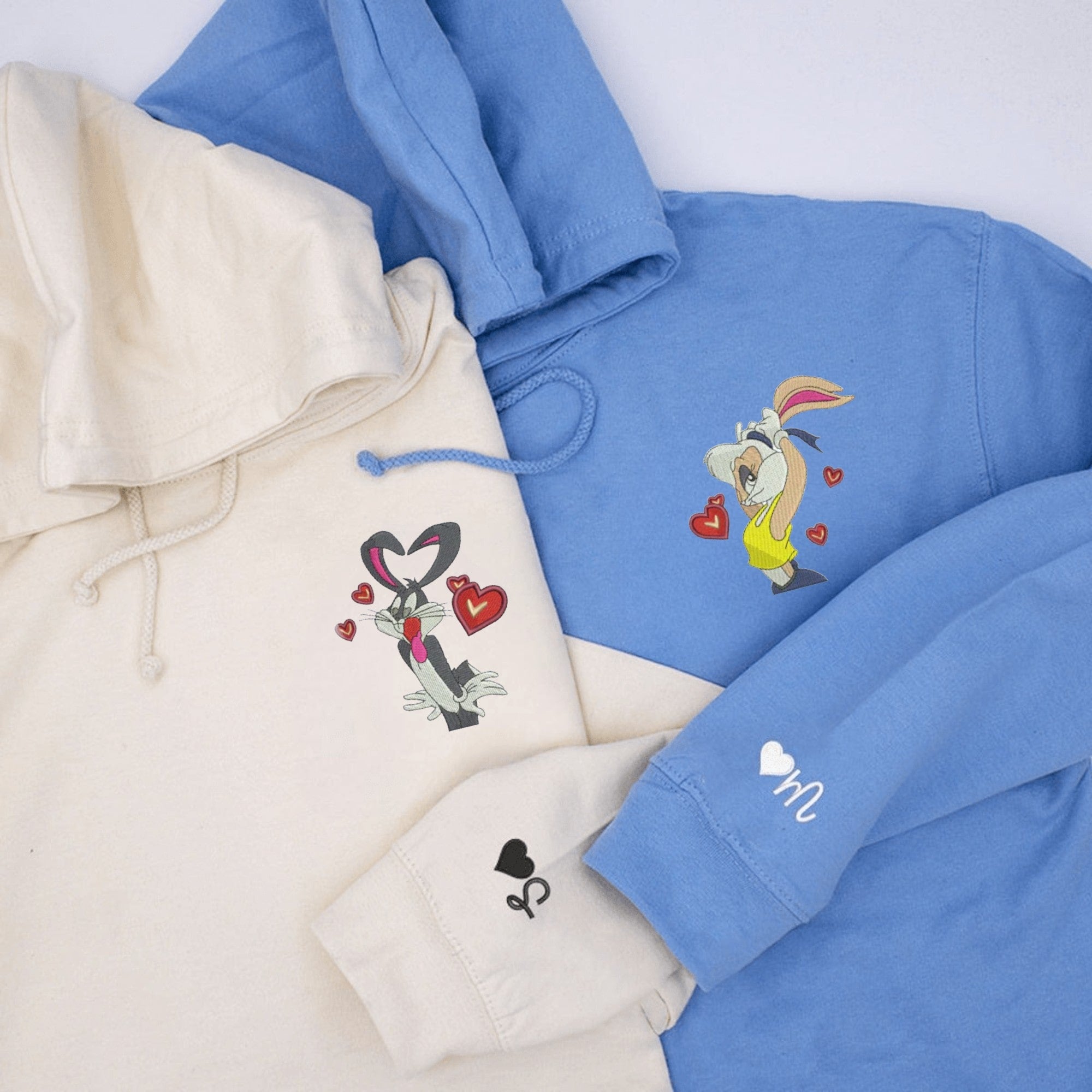 Matching Lola Bunny and Bugs Bunny couple hoodies with embroidery

