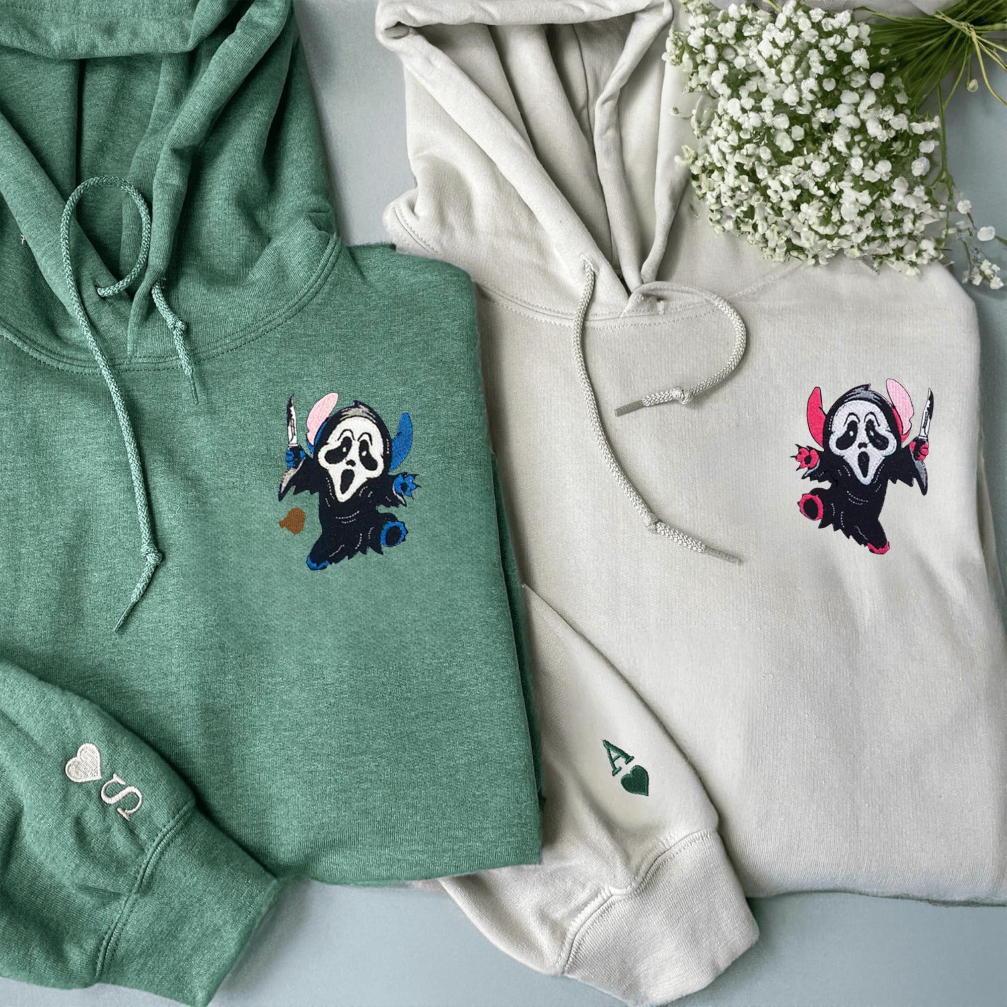 Cute scream ghost couple hoodies with embroidered design.