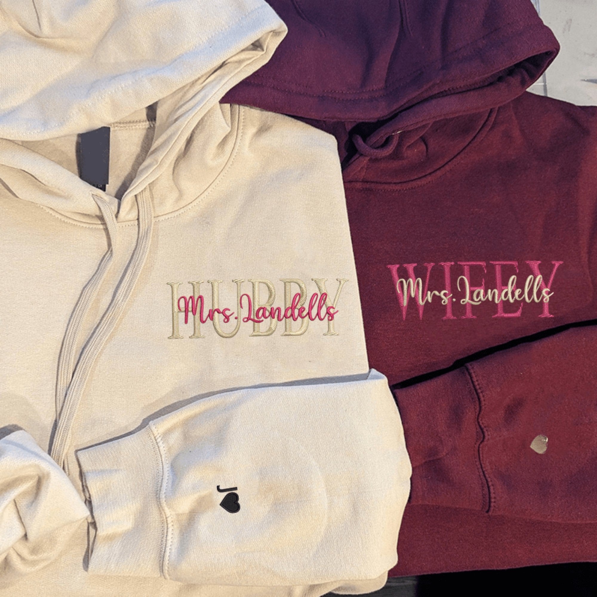 Matching Couple Hoodies with custom embroidered matching couple sweatshirts for anniversaries.
