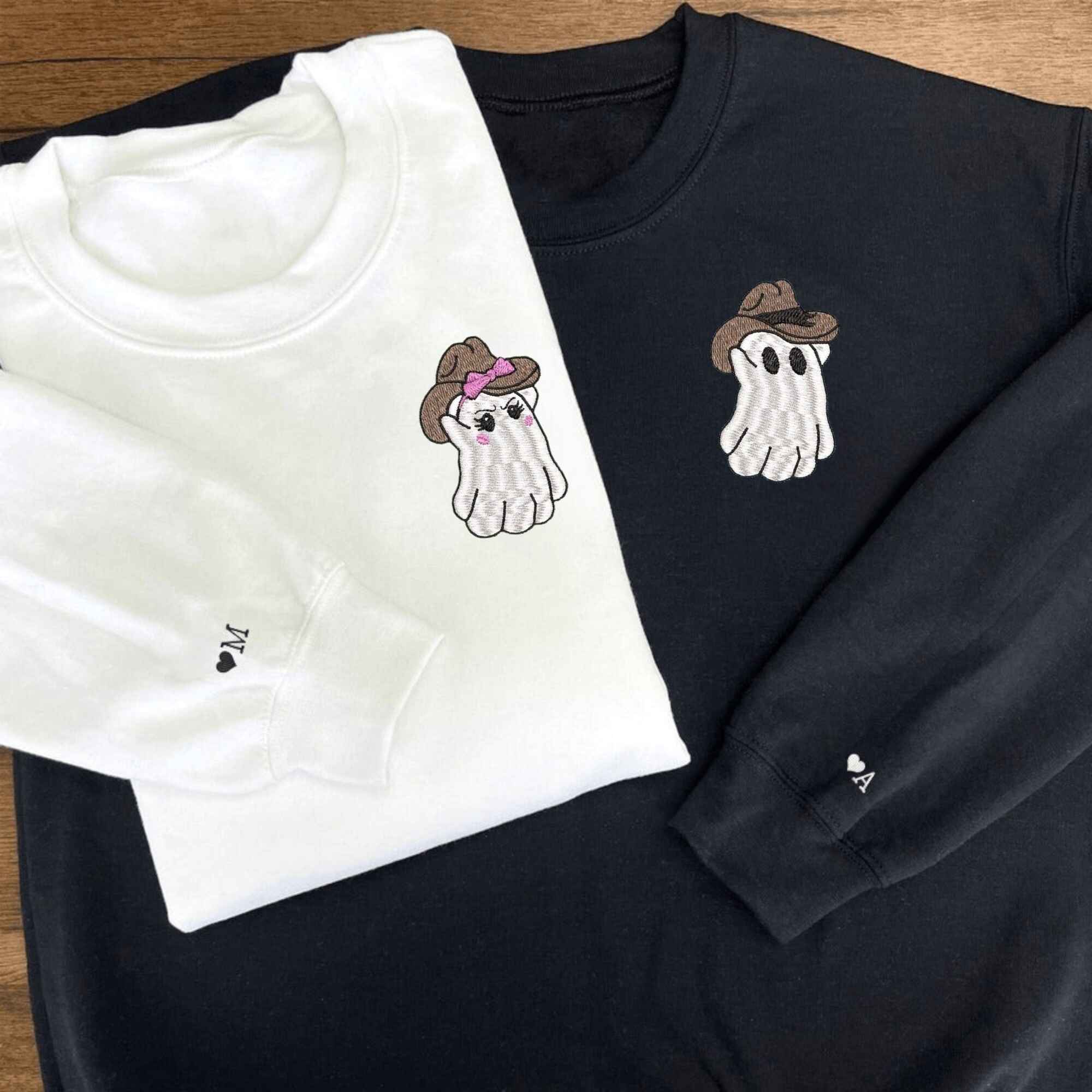 Matching Couple Hoodies featuring cute cowboy ghost designs with personalized details.
