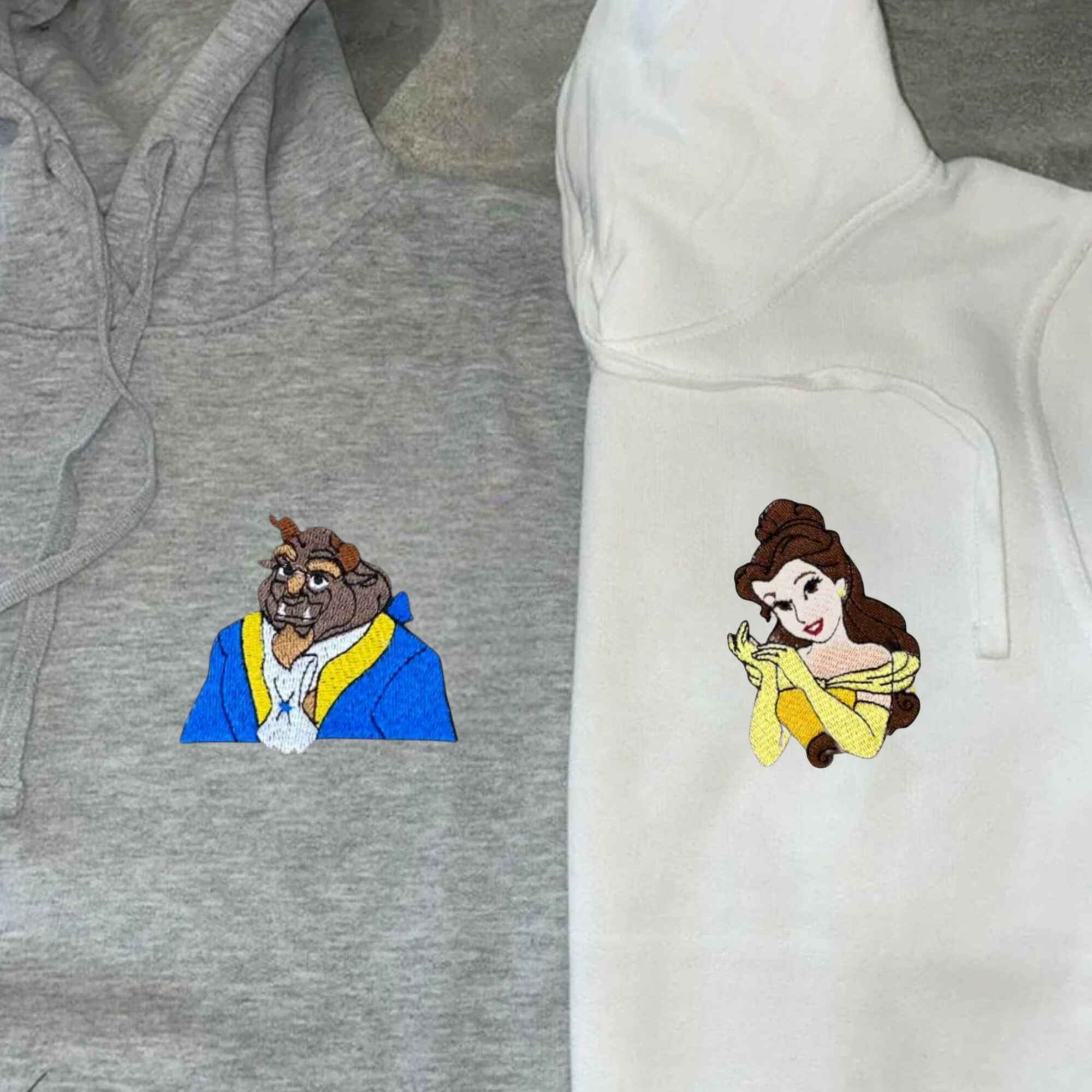 Belle and Beast-inspired custom hoodies for couples, perfect anniversary gifts.
