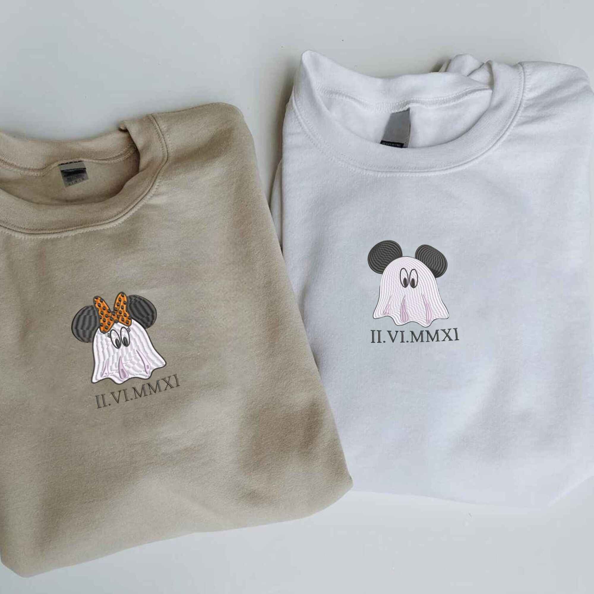 Matching Couple Hoodies featuring a Halloween mouse ghost couple with personalized date design.
