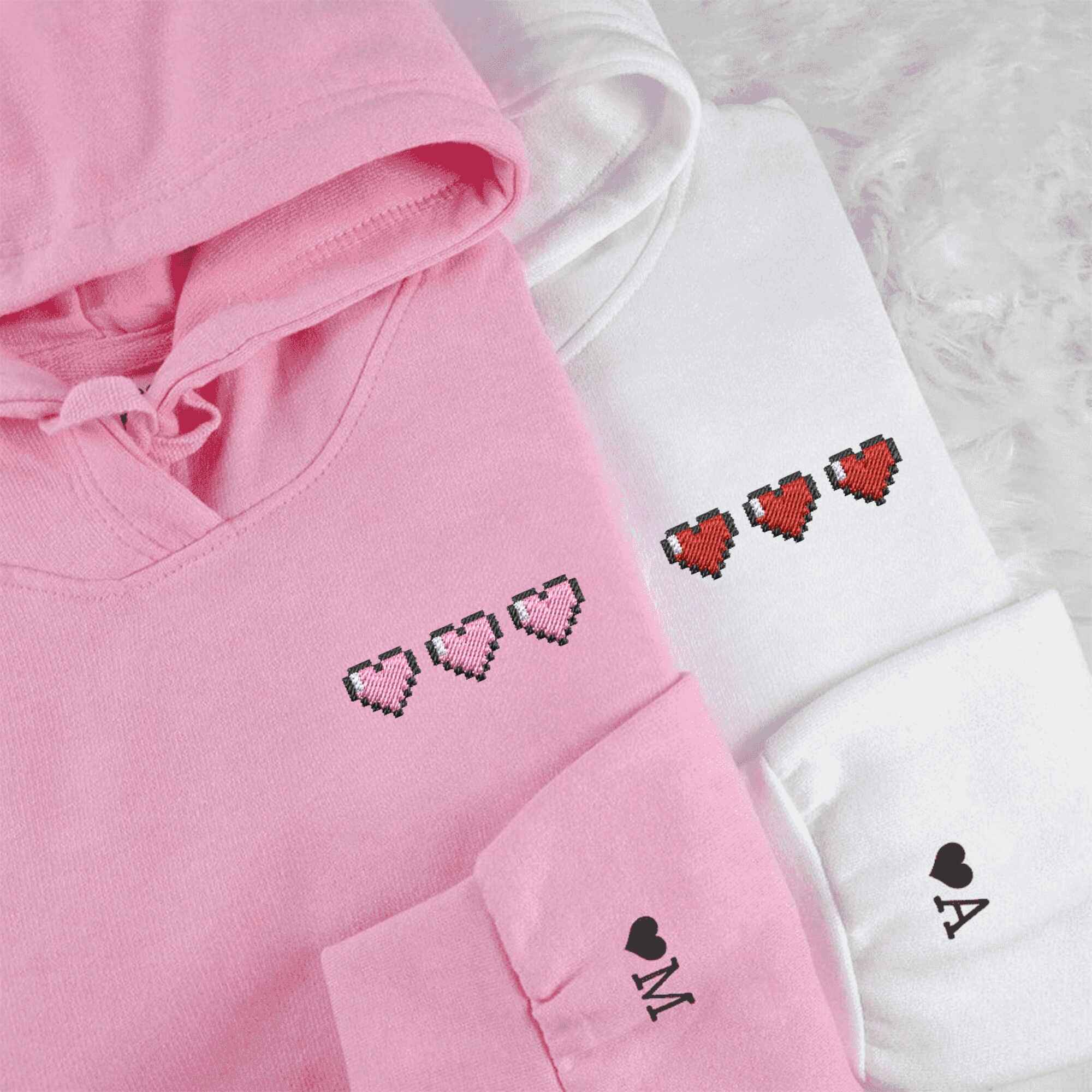 Matching Couple Hoodies featuring pixel heart couples matching hoodies with a retro gaming design.
