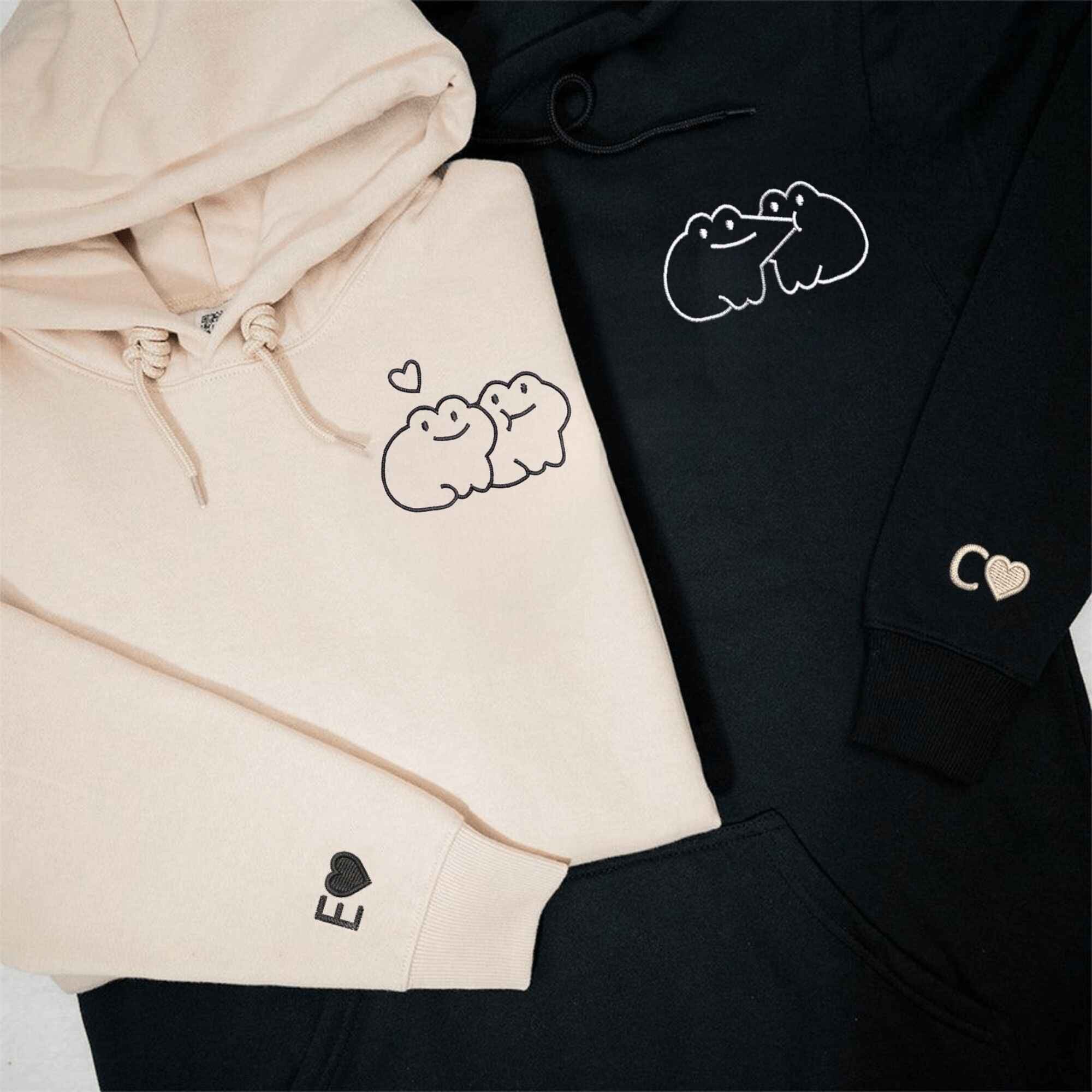 Matching Couple Hoodies featuring sweet couples matching hoodies with a kissing frog design.
