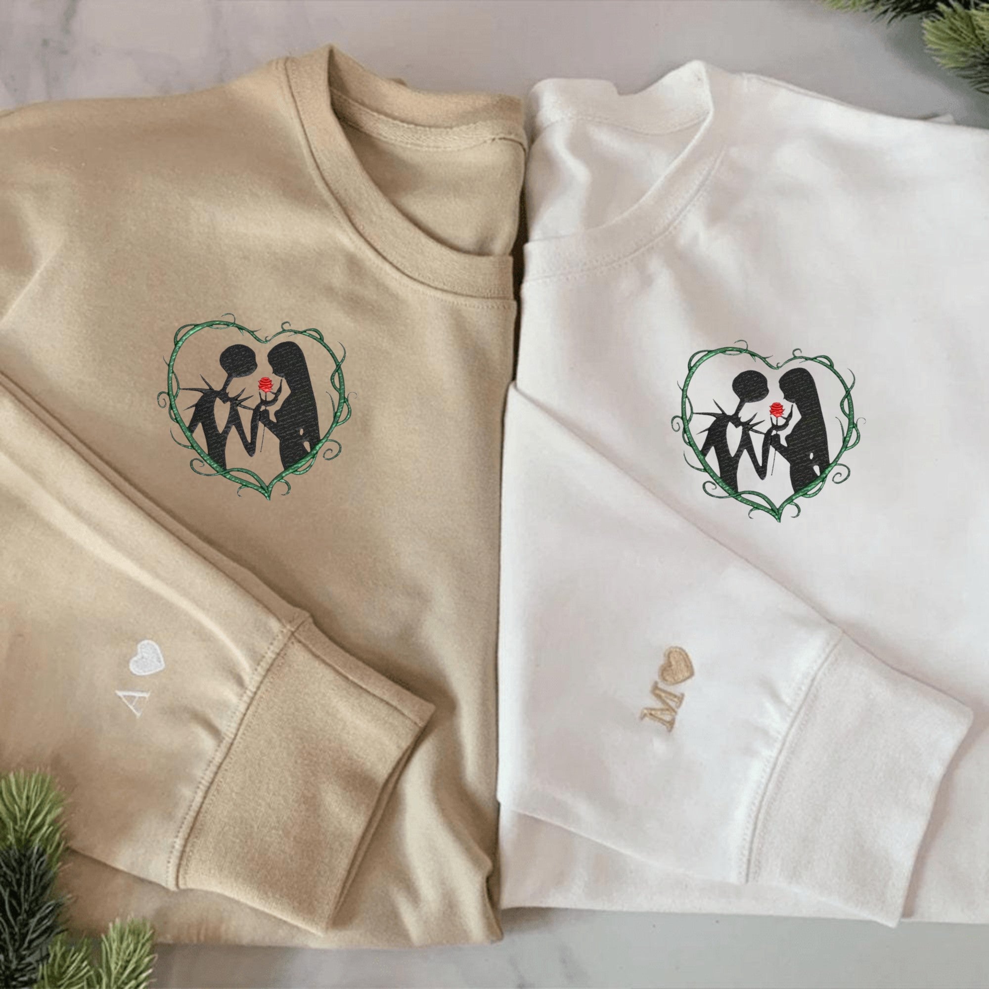 Custom Embroidered Romantic skeleton couple halloween matching hoodies