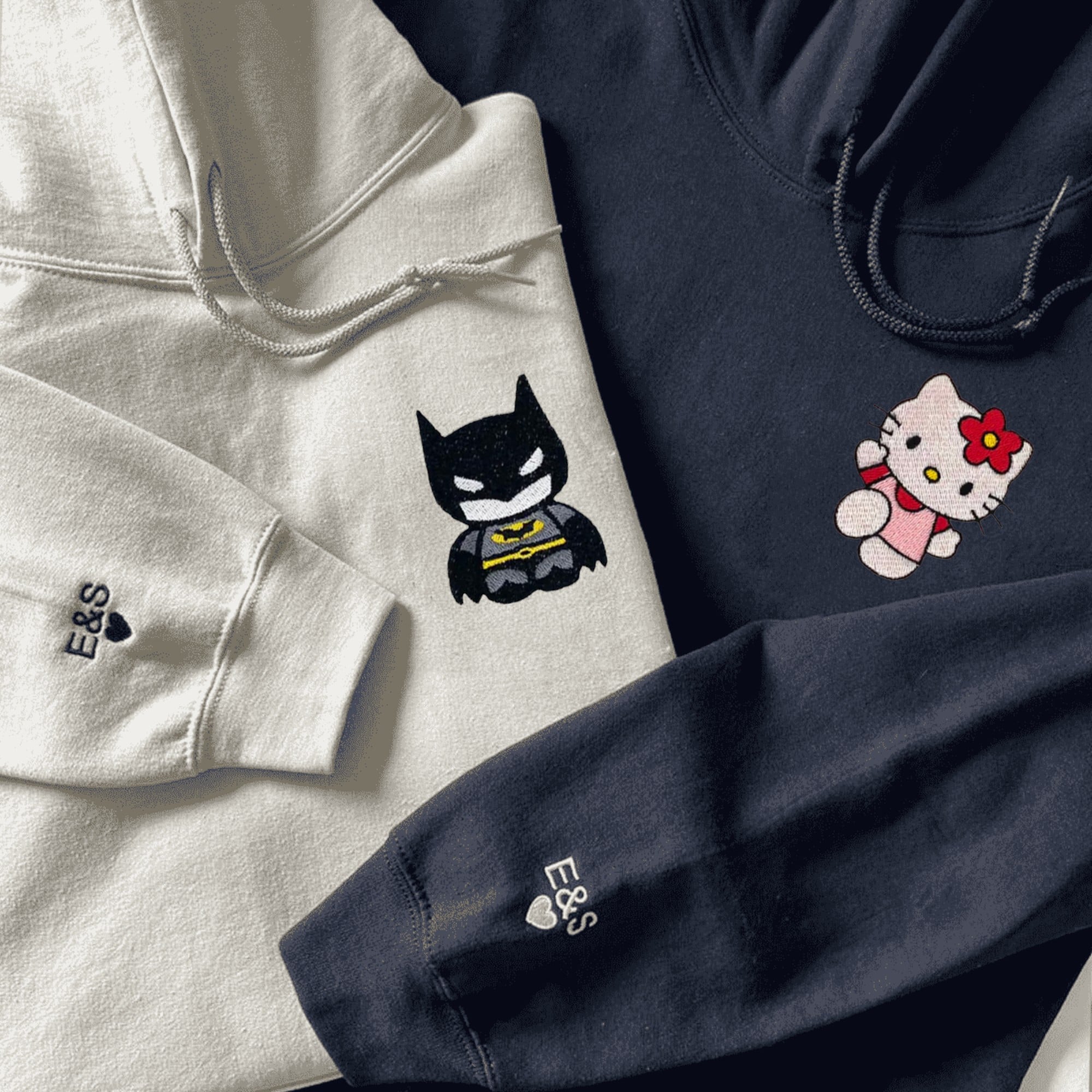 Matching Batman and Hello Kitty embroidered couple hoodies

