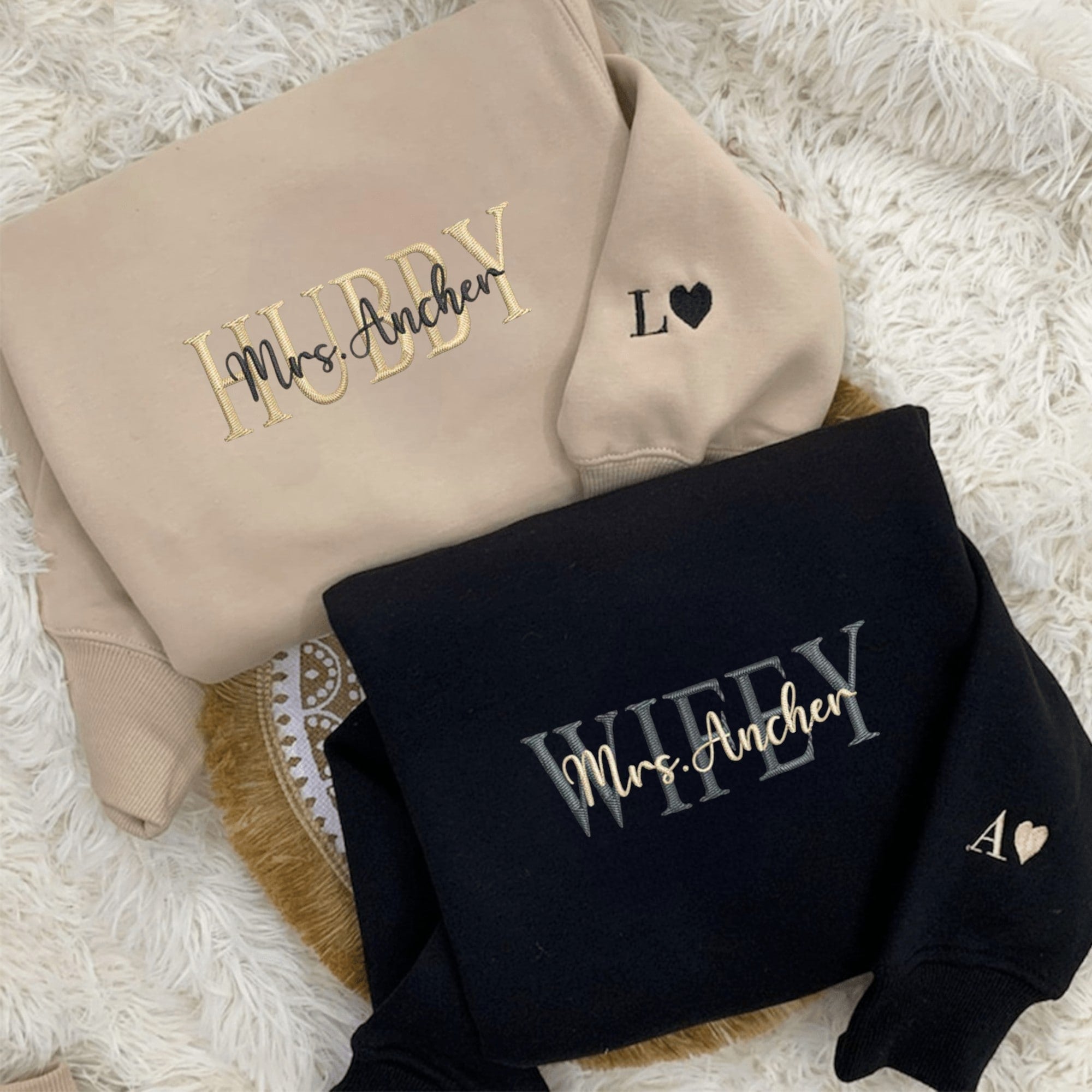 Matching Couple Hoodies featuring personalized couples matching hoodies with "Wifey" and "Hubby" embroidery.
