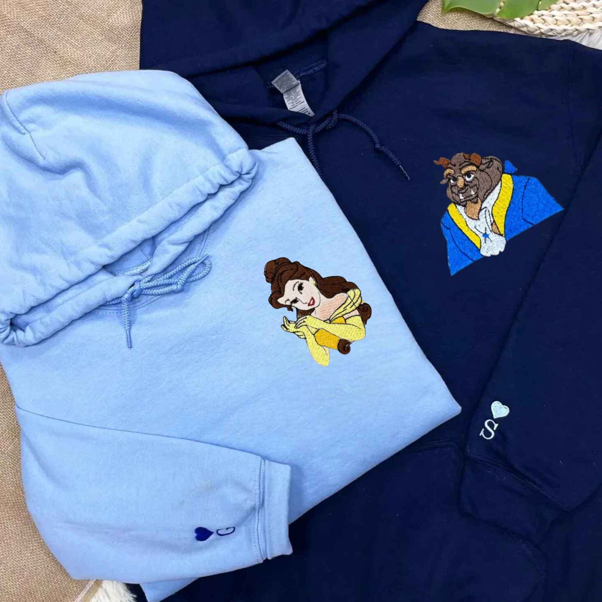 Beauty and the Beast embroidered couple hoodies for a romantic look.
