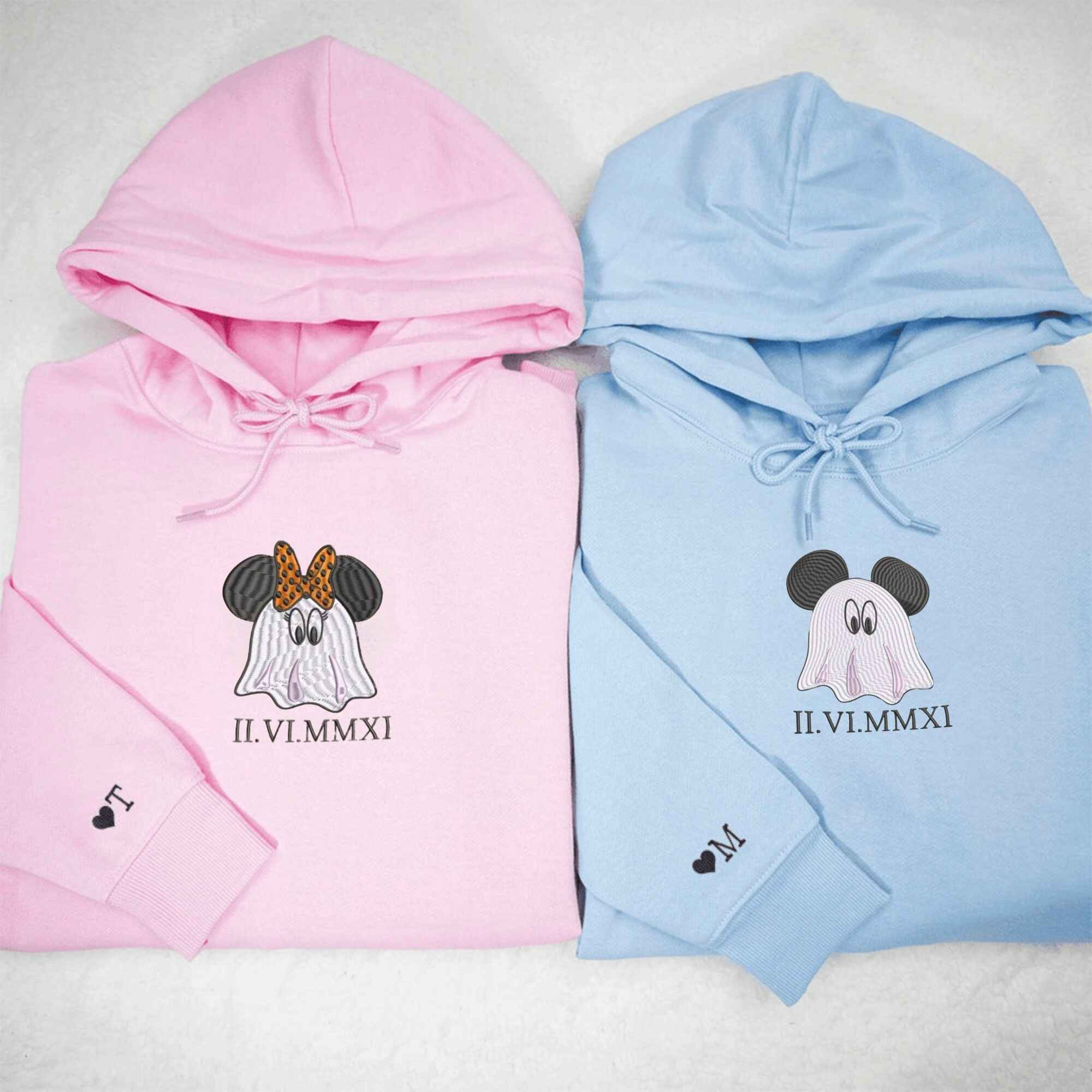 Matching Couple Hoodies with custom embroidered matching couple sweatshirts showcasing a cute mouse ghost couple.
