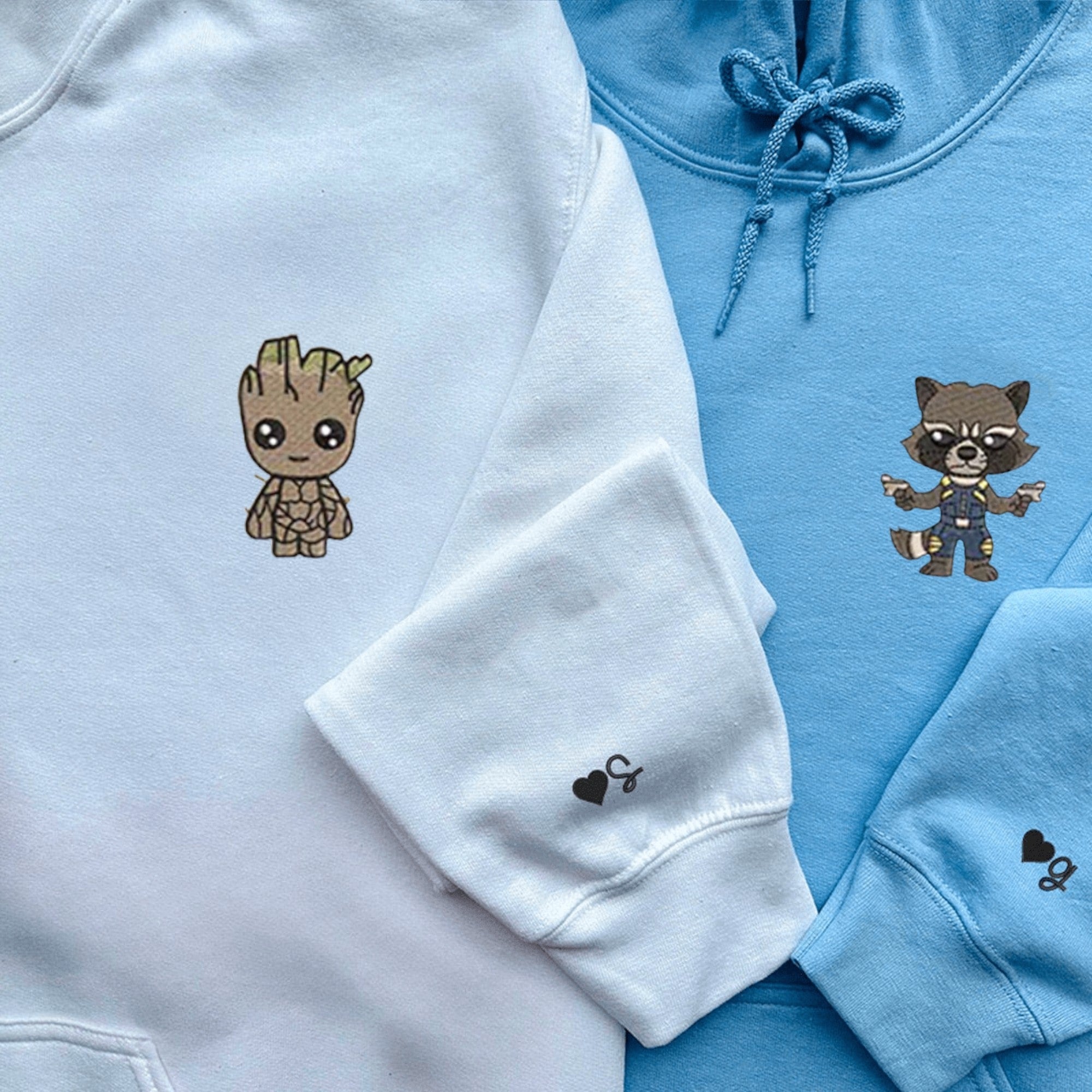 Partner hoodies featuring Rocket and Groot characters – perfect for couples

