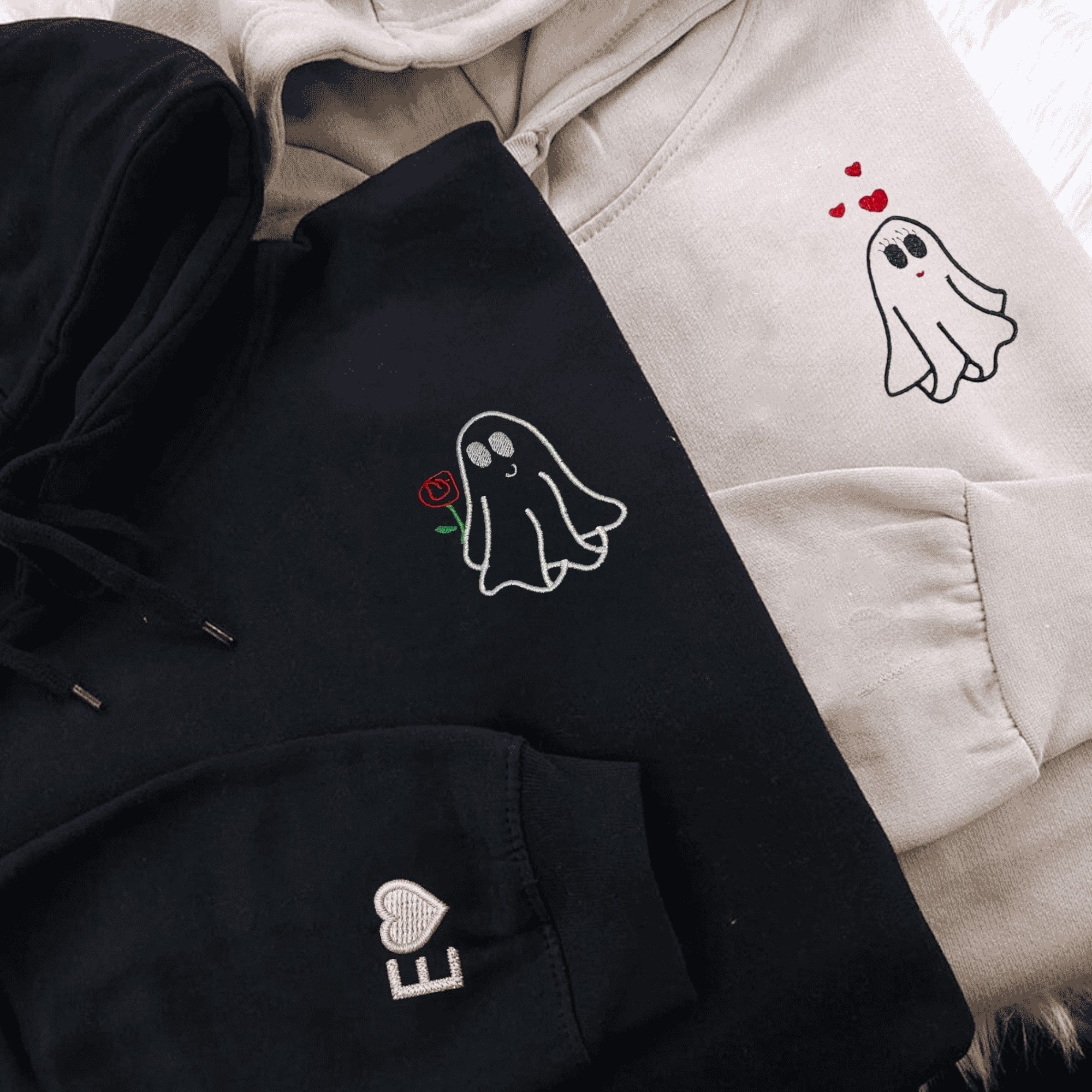 Custom Halloween partner hoodies featuring cute ghost designs – perfect for couples

