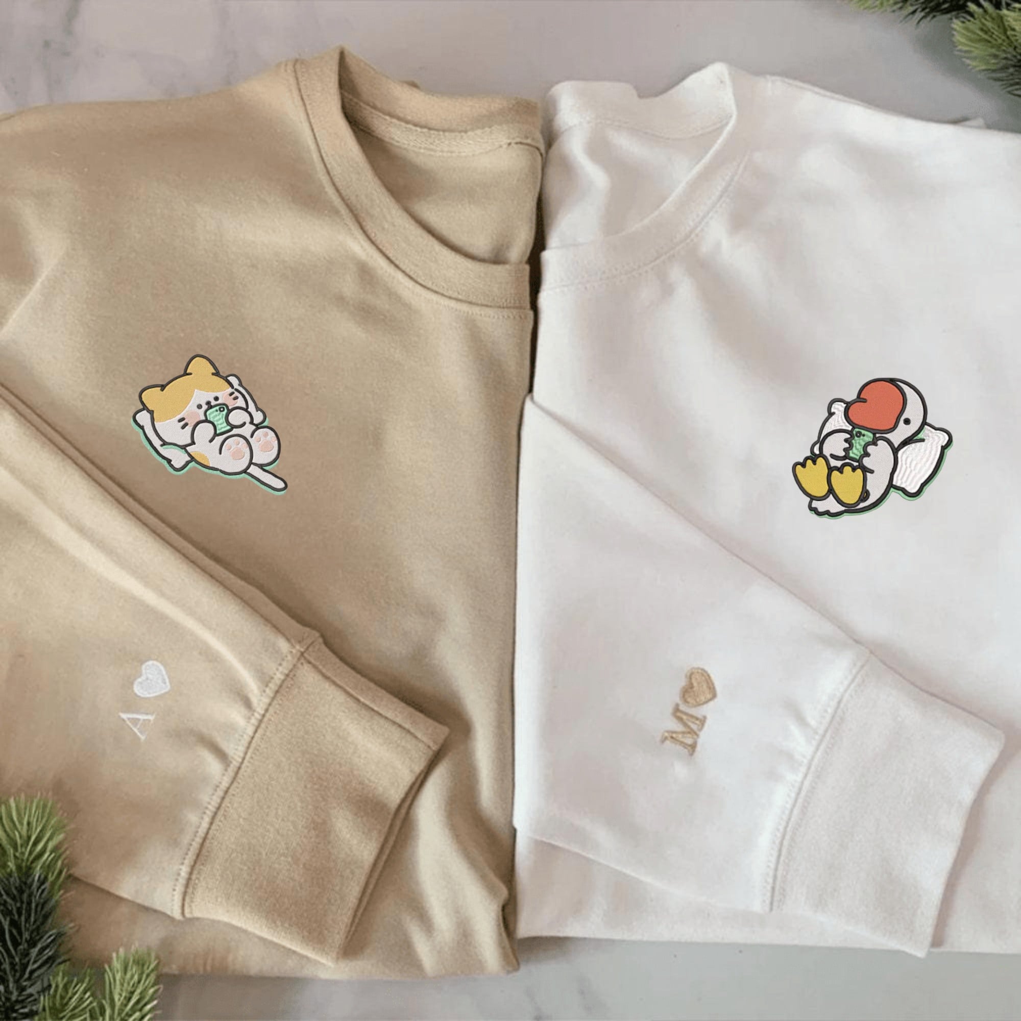 Adorable Milk & Mocha Bear character couple hoodies in green and beige

