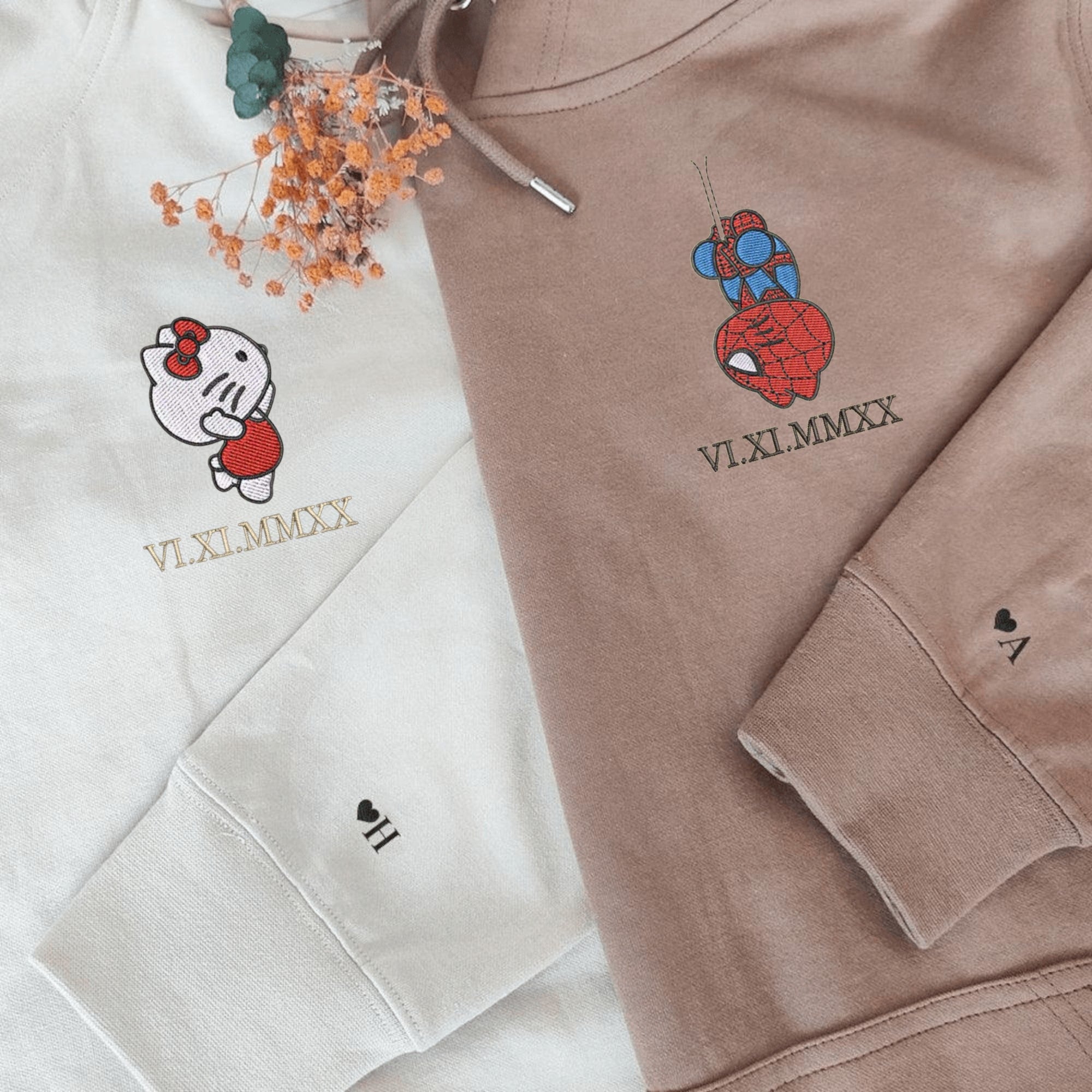 Custom embroidered matching couple hoodies with Spider and Kitten design