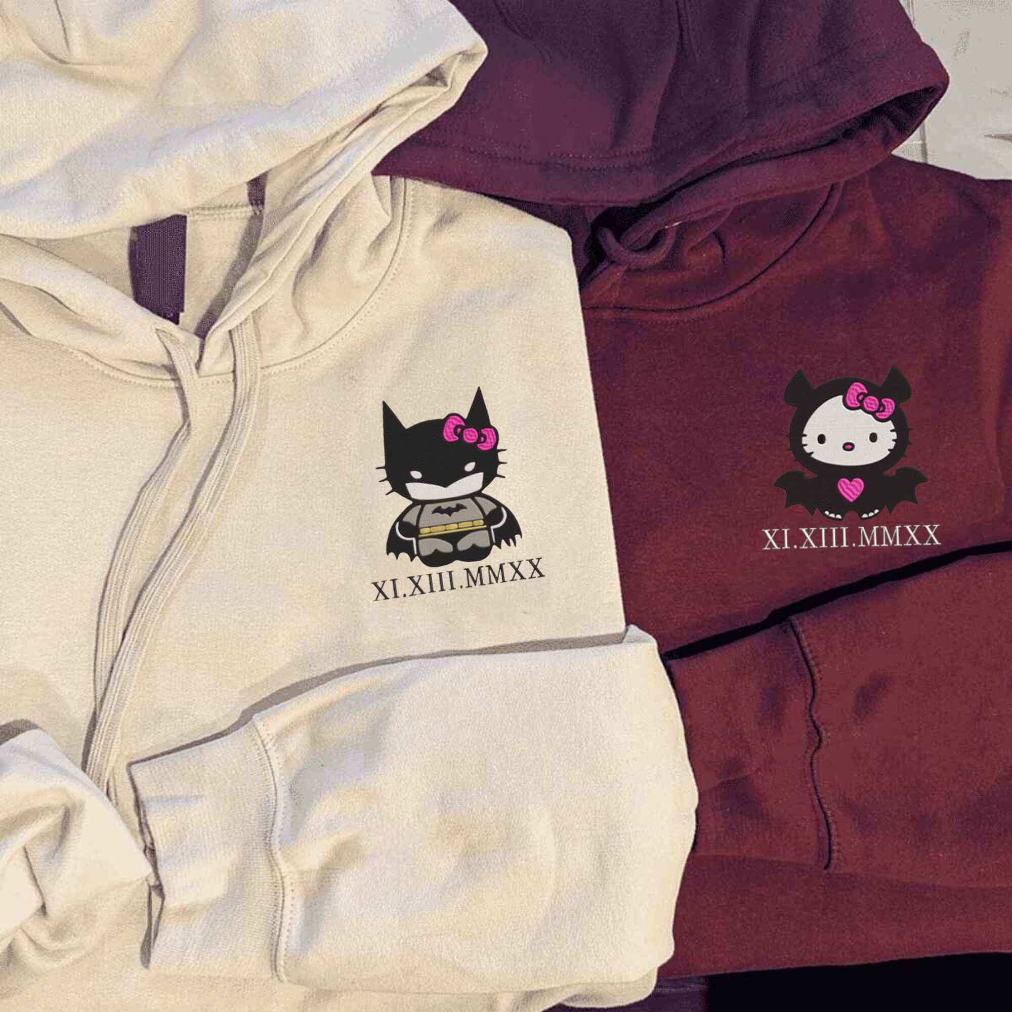 Matching Couple Hoodies with custom embroidered matching couple sweatshirts showcasing a fun bat and kitten design.
