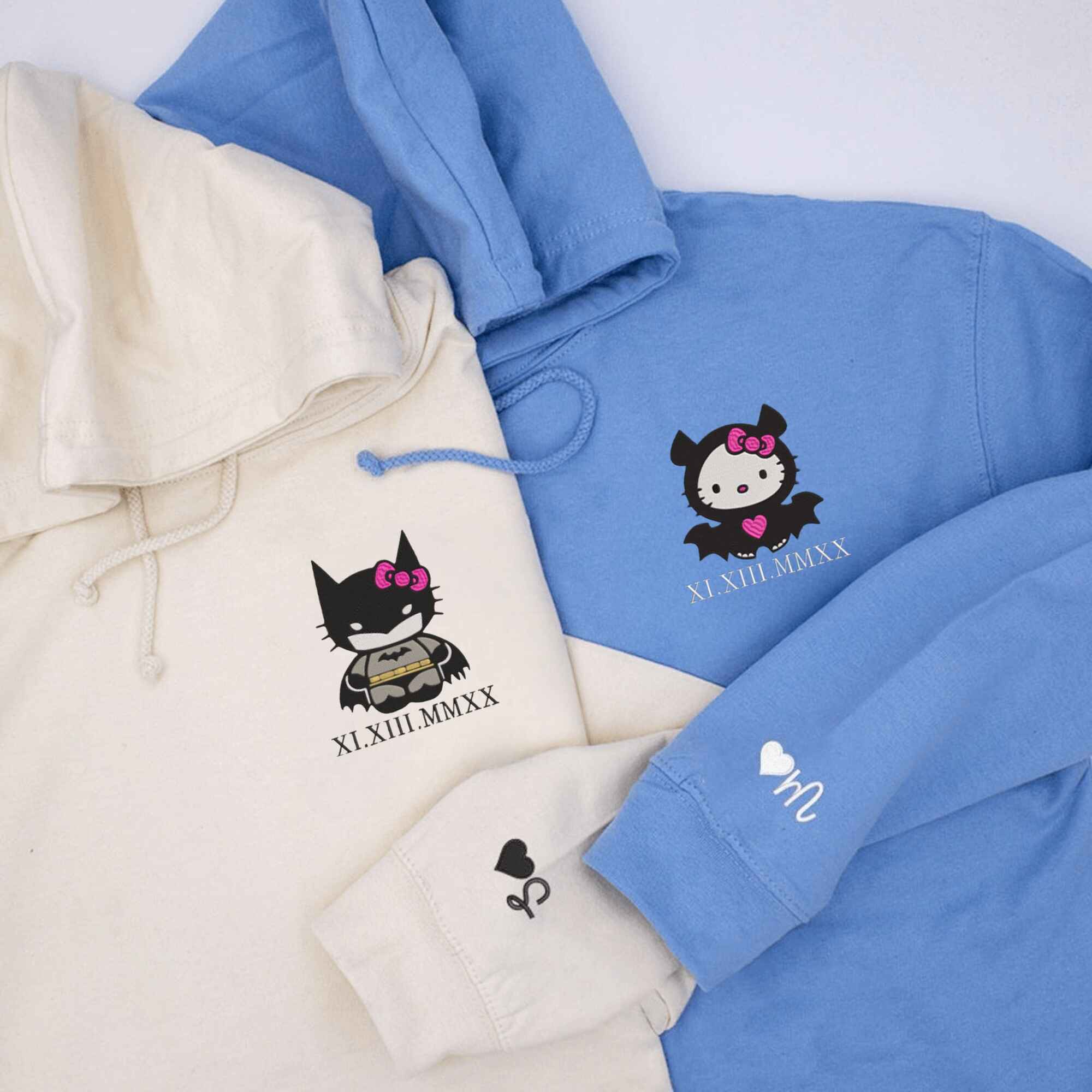 Matching Couple Hoodies featuring cute Halloween bat and kitten design with personalized date.
