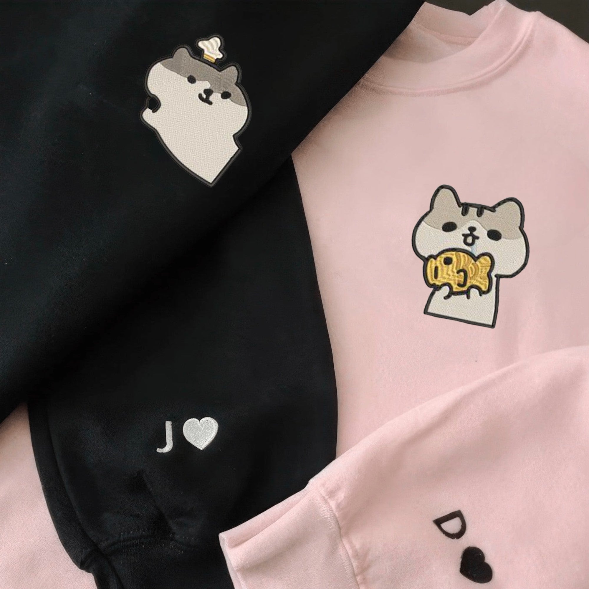 Cozy Kawaii cat couple hoodies with cute embroidered designs.