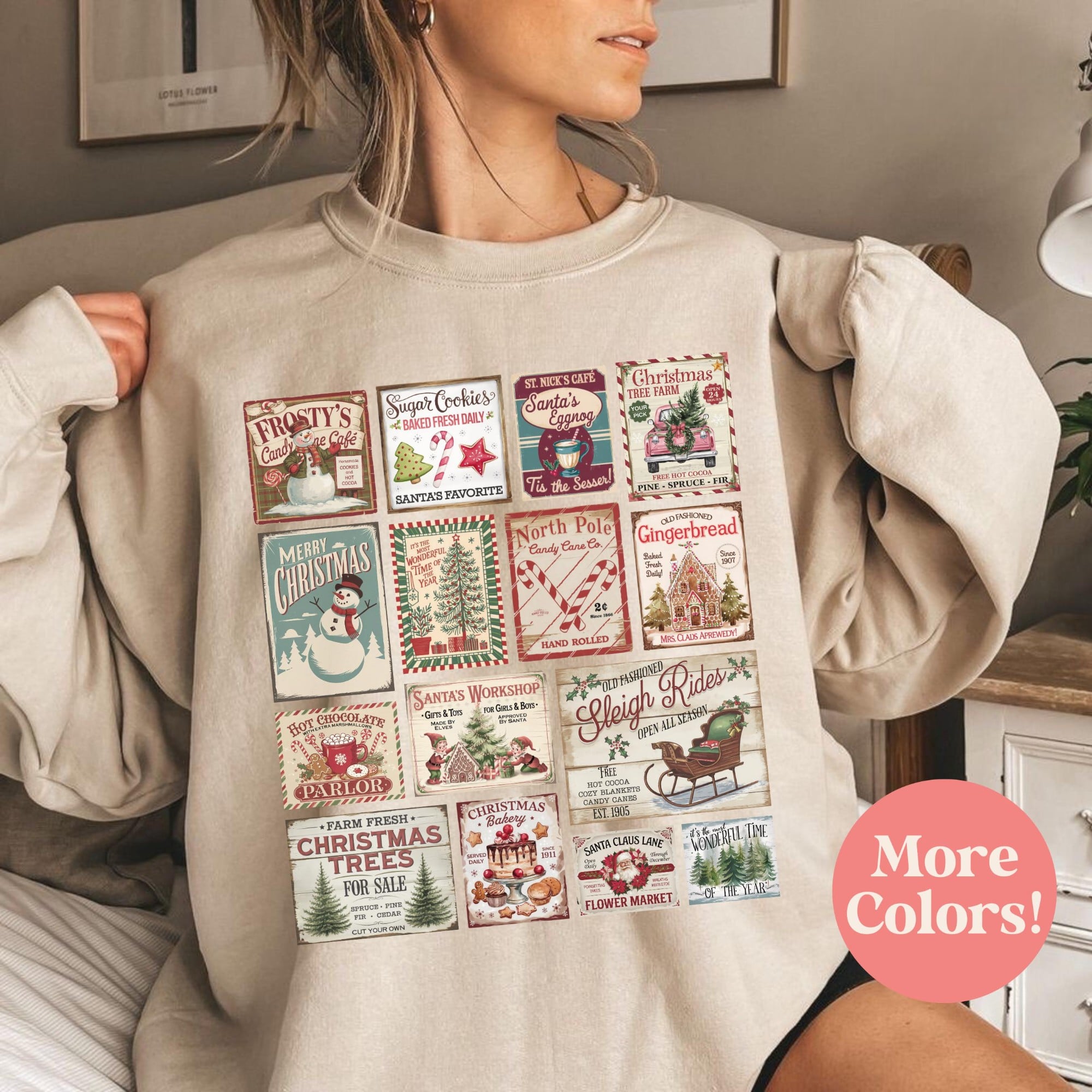 Comfortable festive sweatshirt featuring vibrant retro holiday-themed illustrations.





