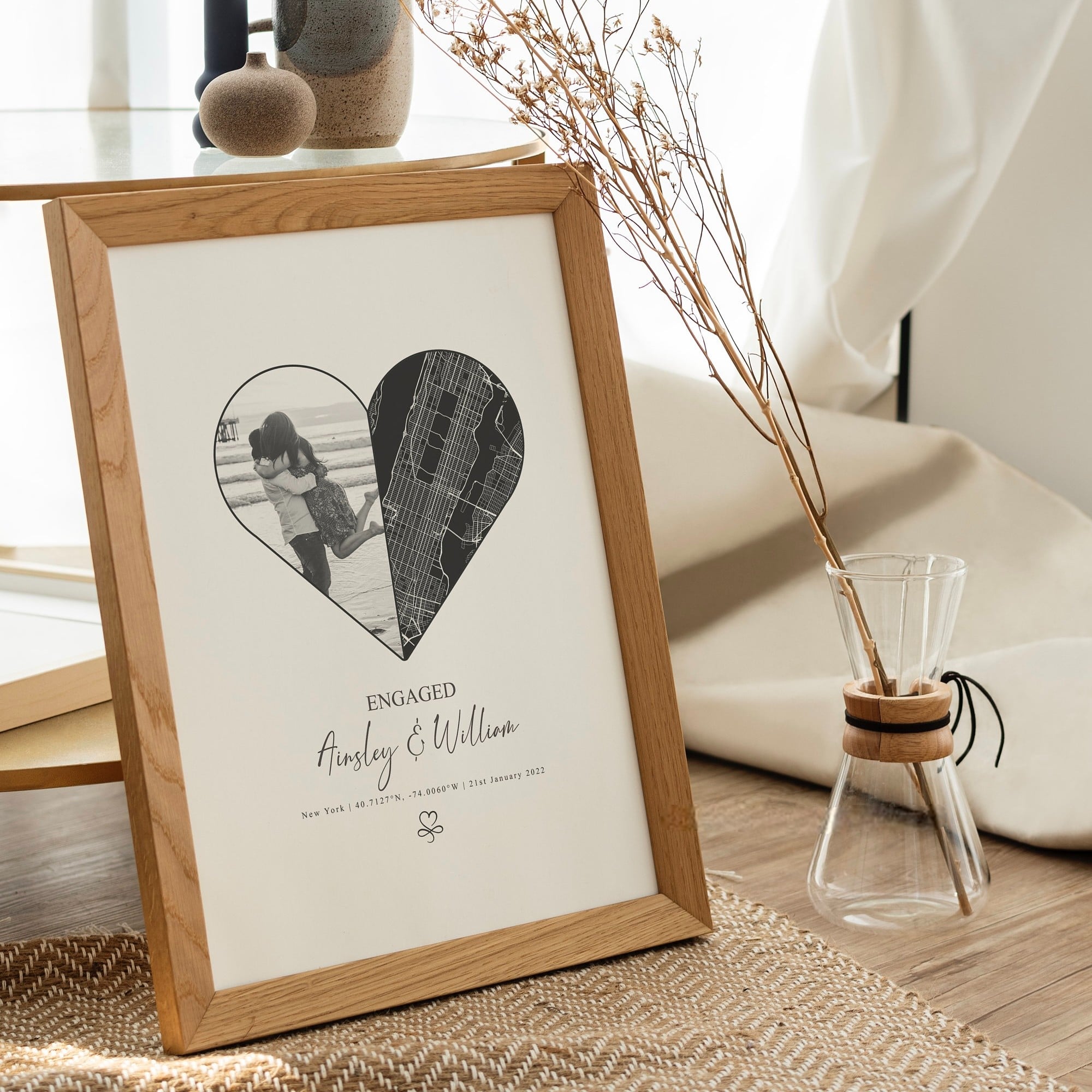 Heart-shaped wedding map print with personalized details
