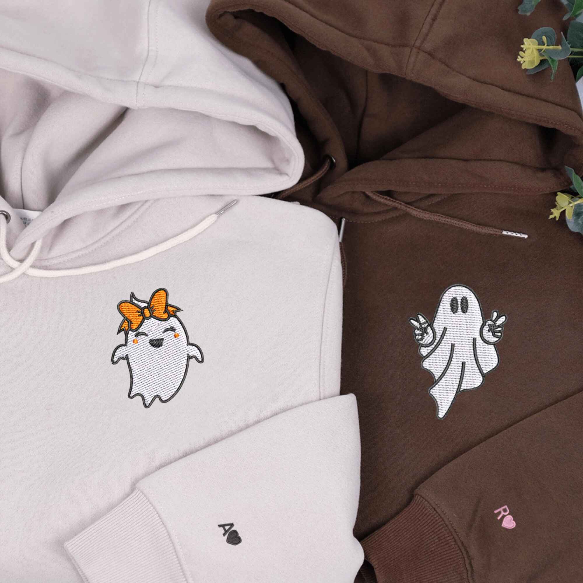 Matching Couple Hoodies featuring cute ghost designs for Halloween with personalized details.
