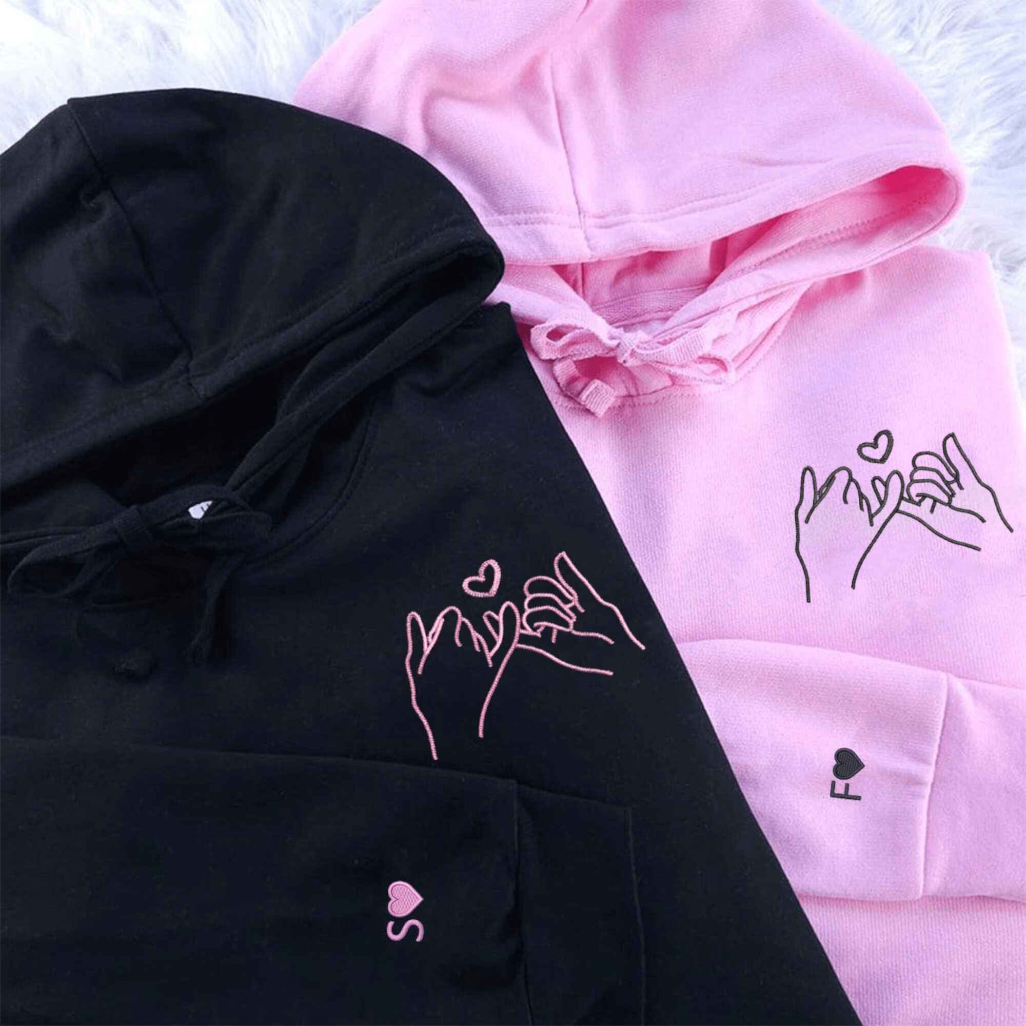 Matching Couple Hoodies featuring a cute pinky promise design with personalized details.
