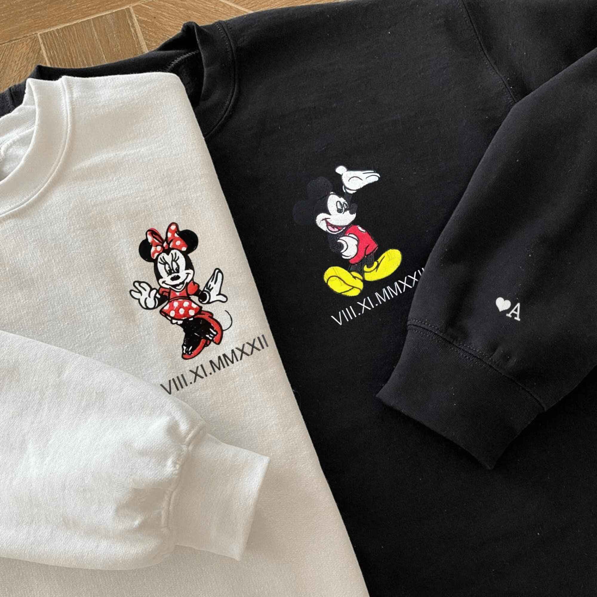 Matching Couple Hoodies with custom embroidered matching couple sweatshirts showcasing Mickey and Minnie motifs.
