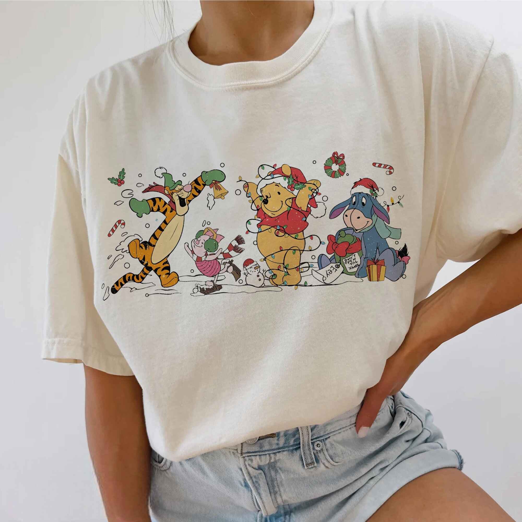 Cozy holiday tee with beloved characters in a Christmas scene
