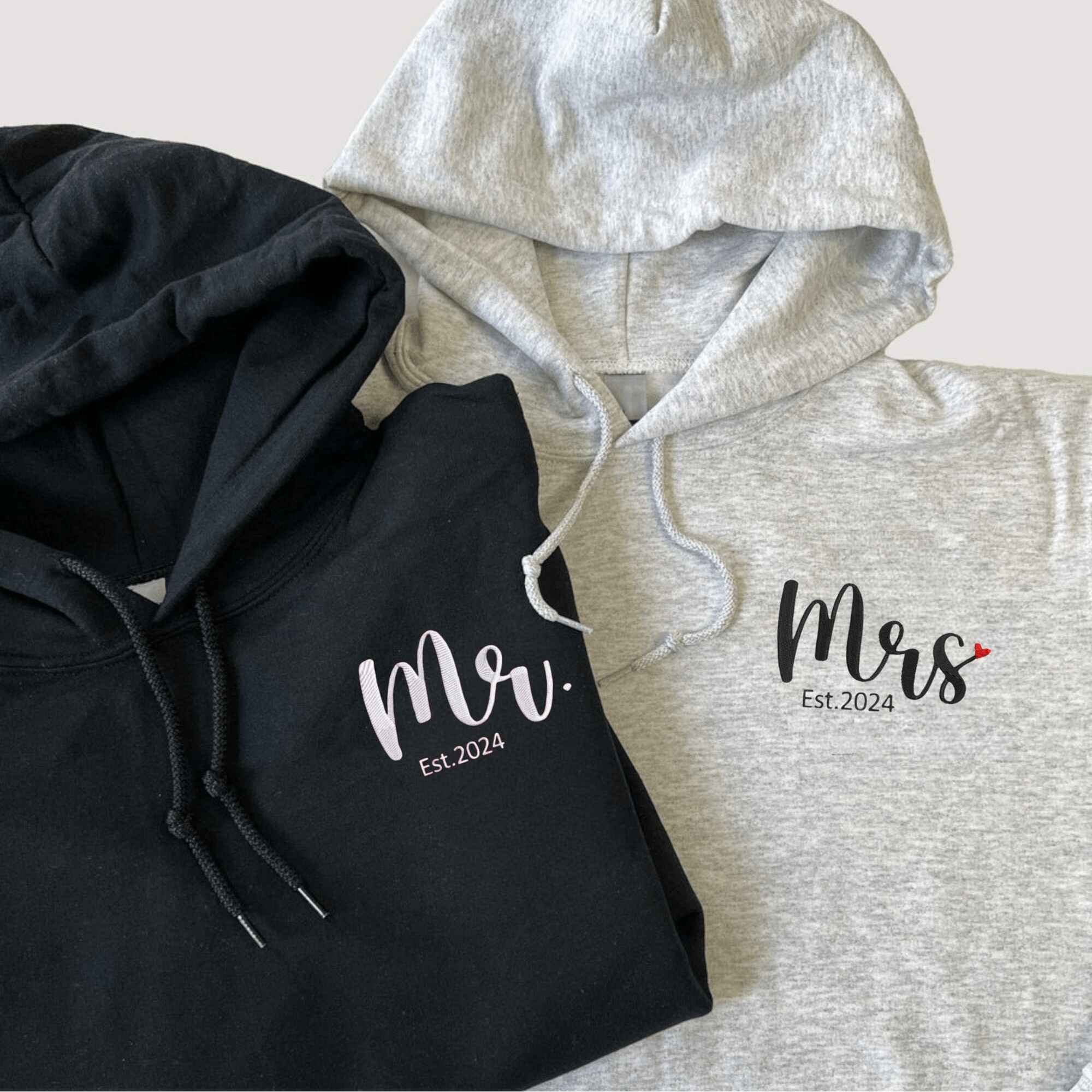 Matching Couple Hoodies featuring Mr. and Mrs. designs with custom year
