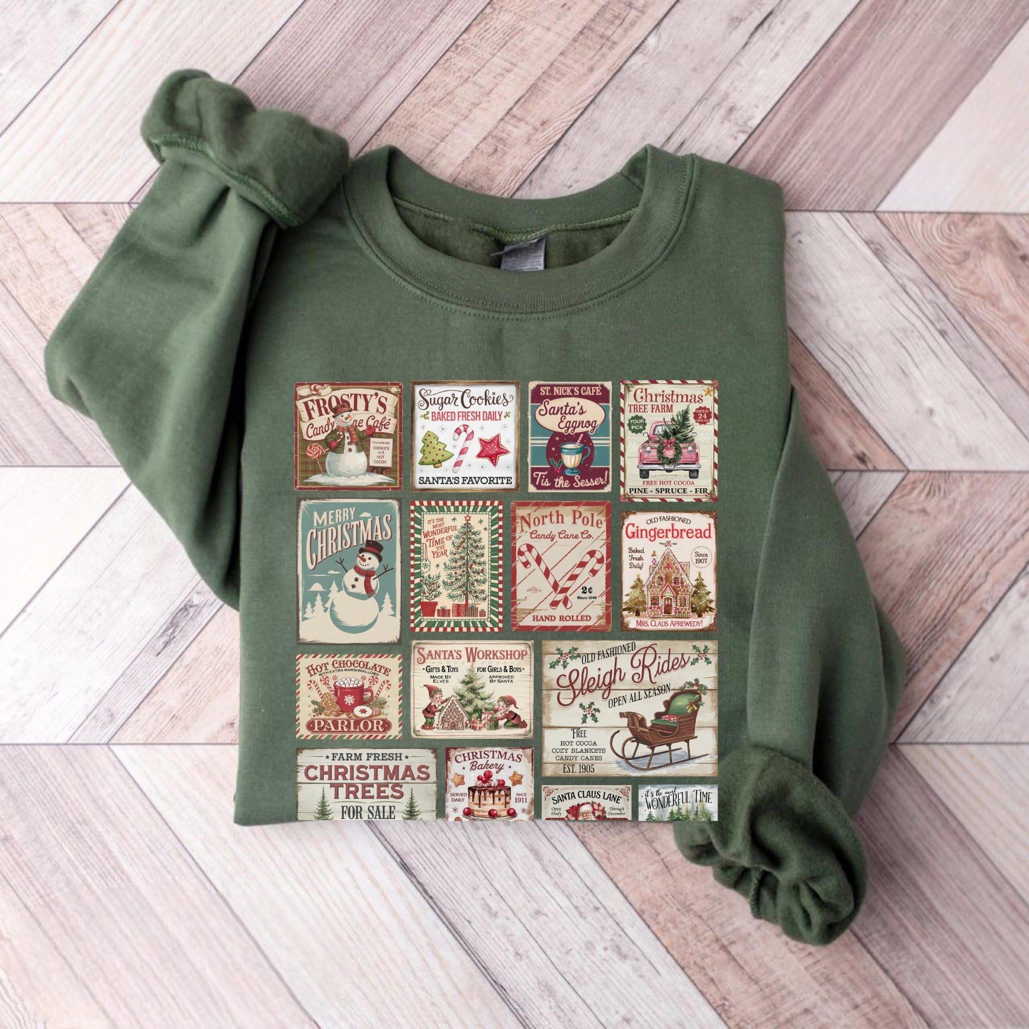 Nostalgic Christmas sweatshirt with vintage-inspired patchwork designs for a classic holiday look.
