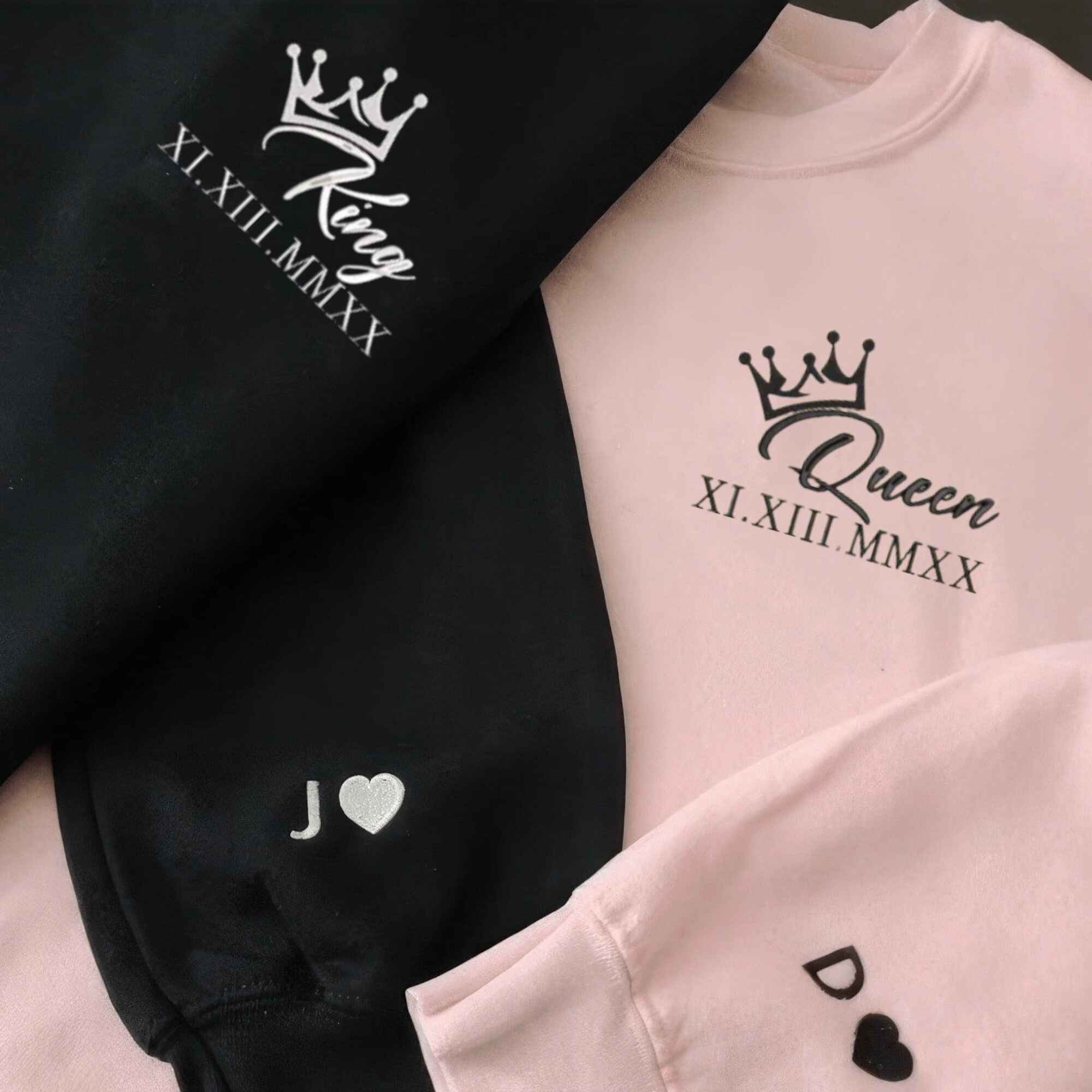 Matching Couple Hoodies featuring King and Queen crown designs with personalized dates.
