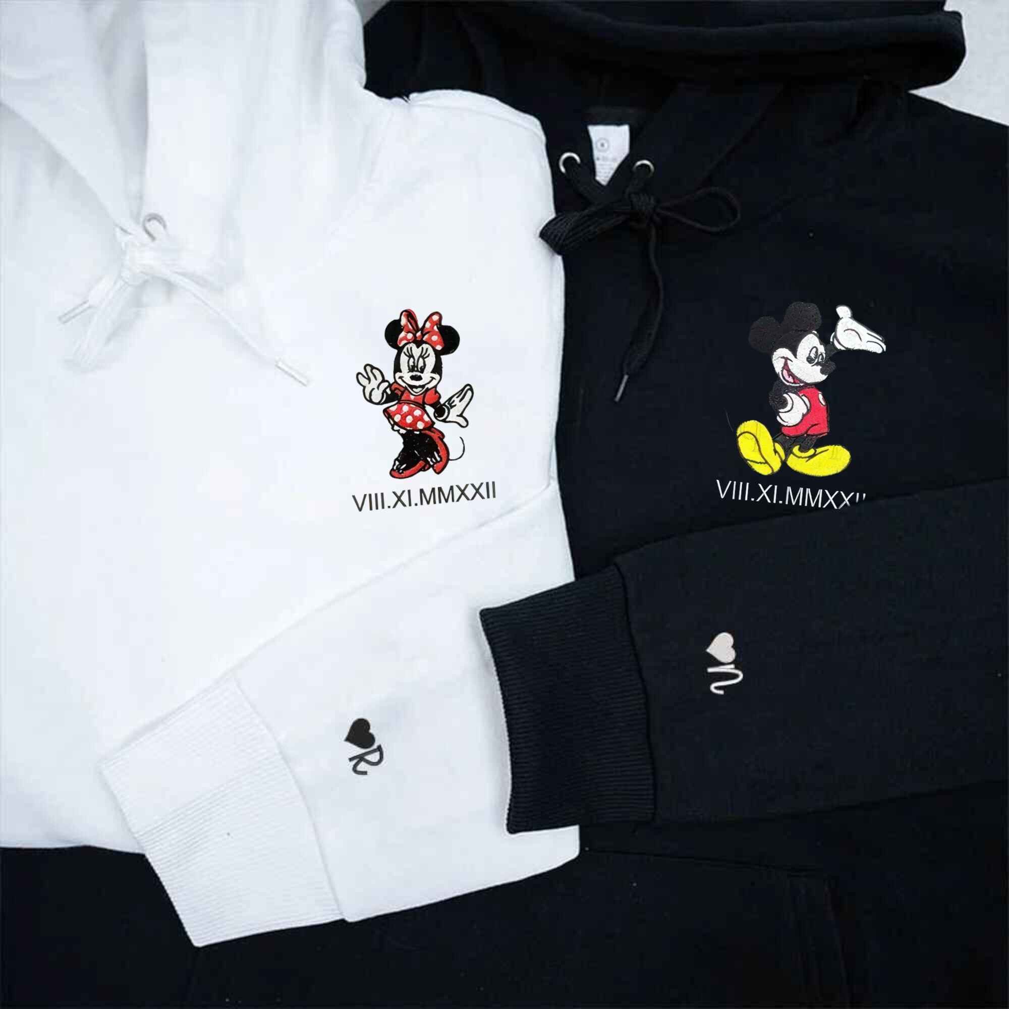 Matching Couple Hoodies featuring Mickey and Minnie designs with a personalized date.
