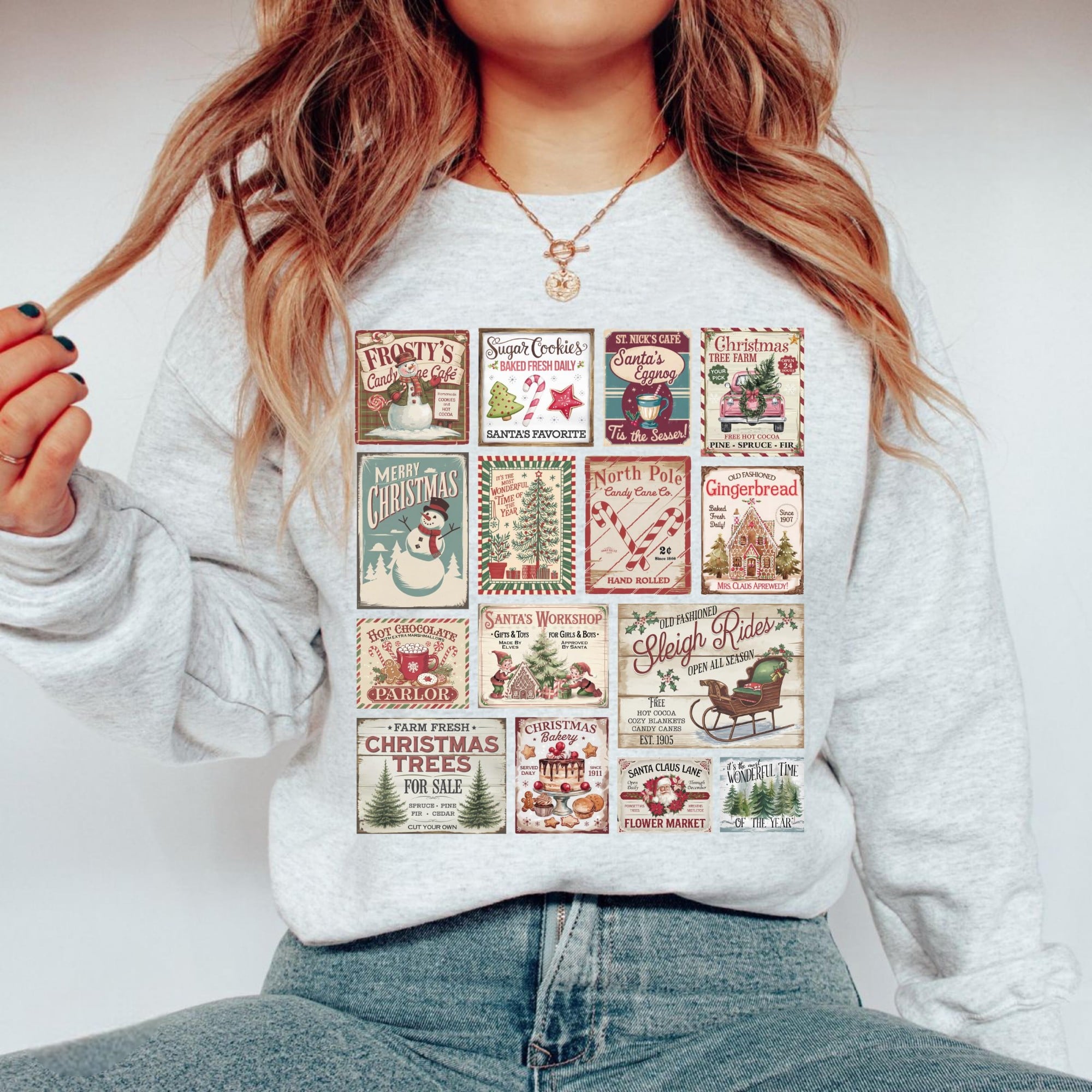 Retro holiday sweatshirt with a festive graphic collage, perfect for cozy winter days and seasonal gatherings.
