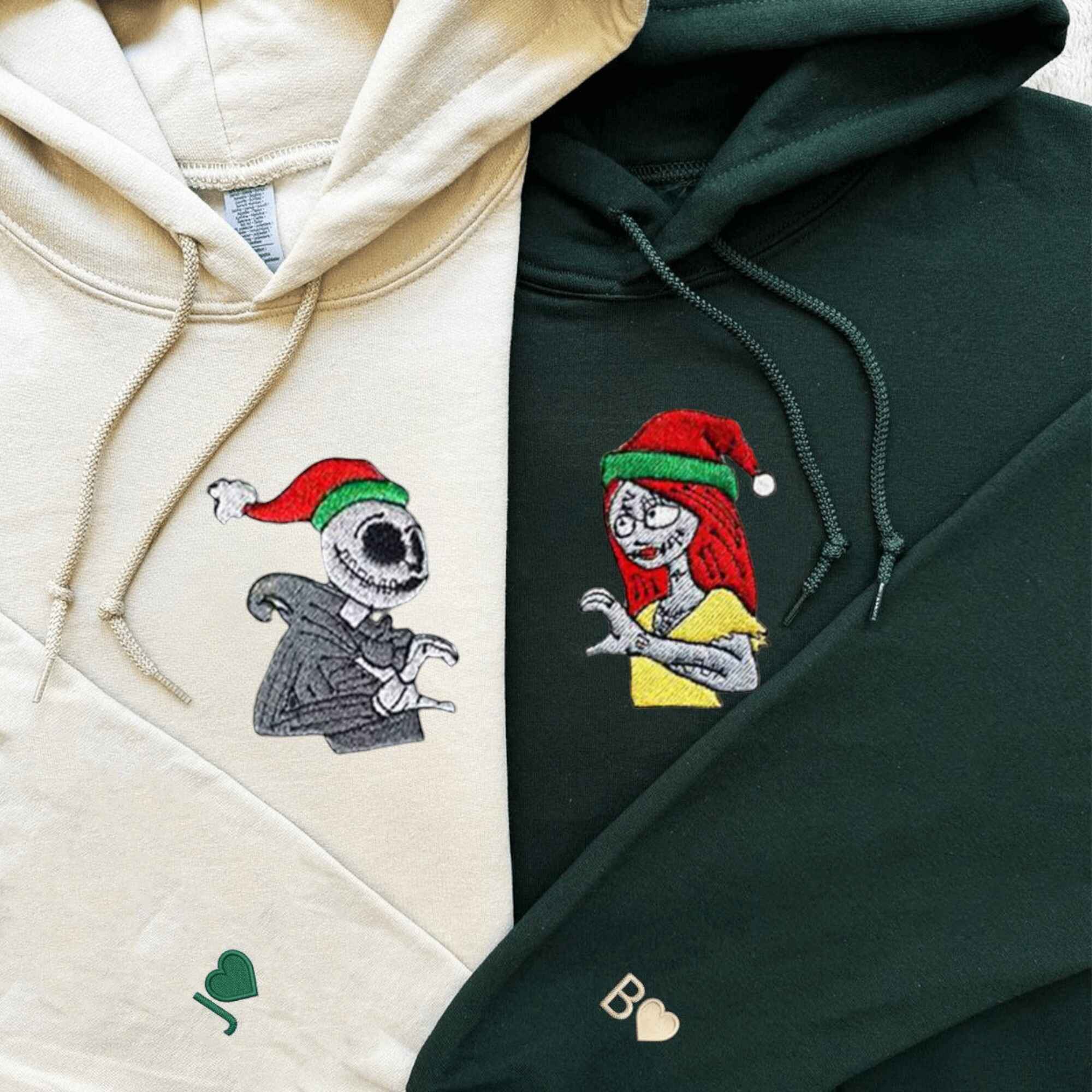 Matching couple hoodies featuring Jack and Sally designs from The Nightmare Before Christmas.
