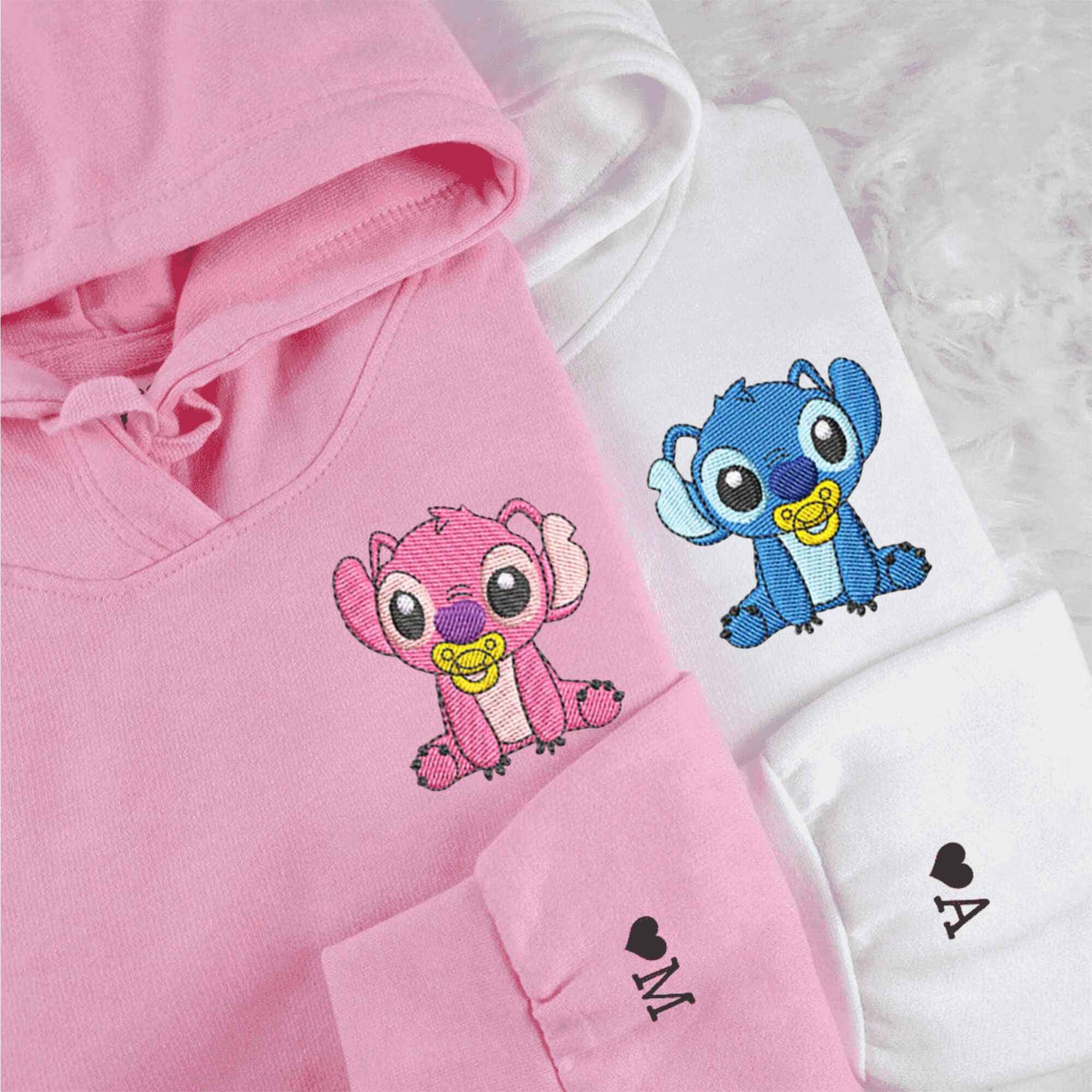 Custom embroidered Baby Stitch and Angel couple hoodies, perfect for adorable matching outfits.
