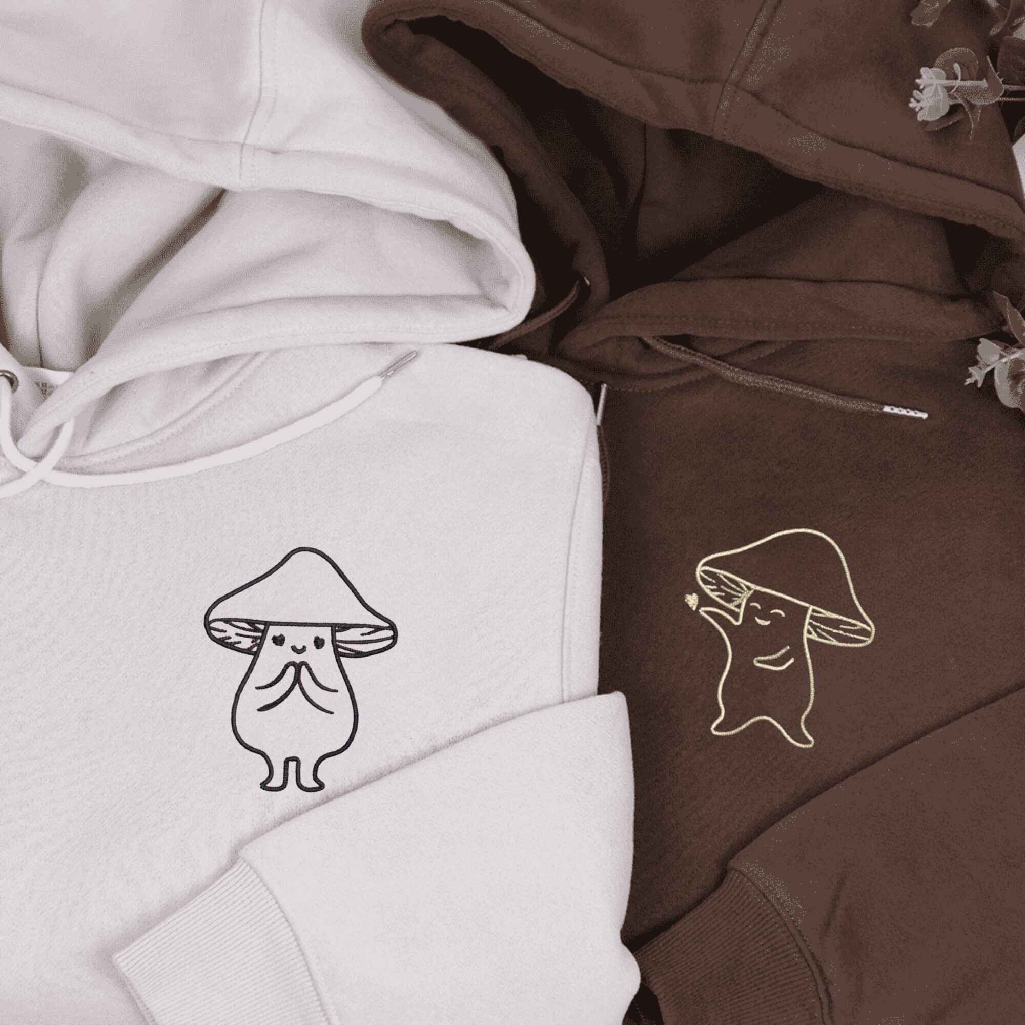 Matching Couple Hoodies featuring cute mushroom designs with personalized details.
