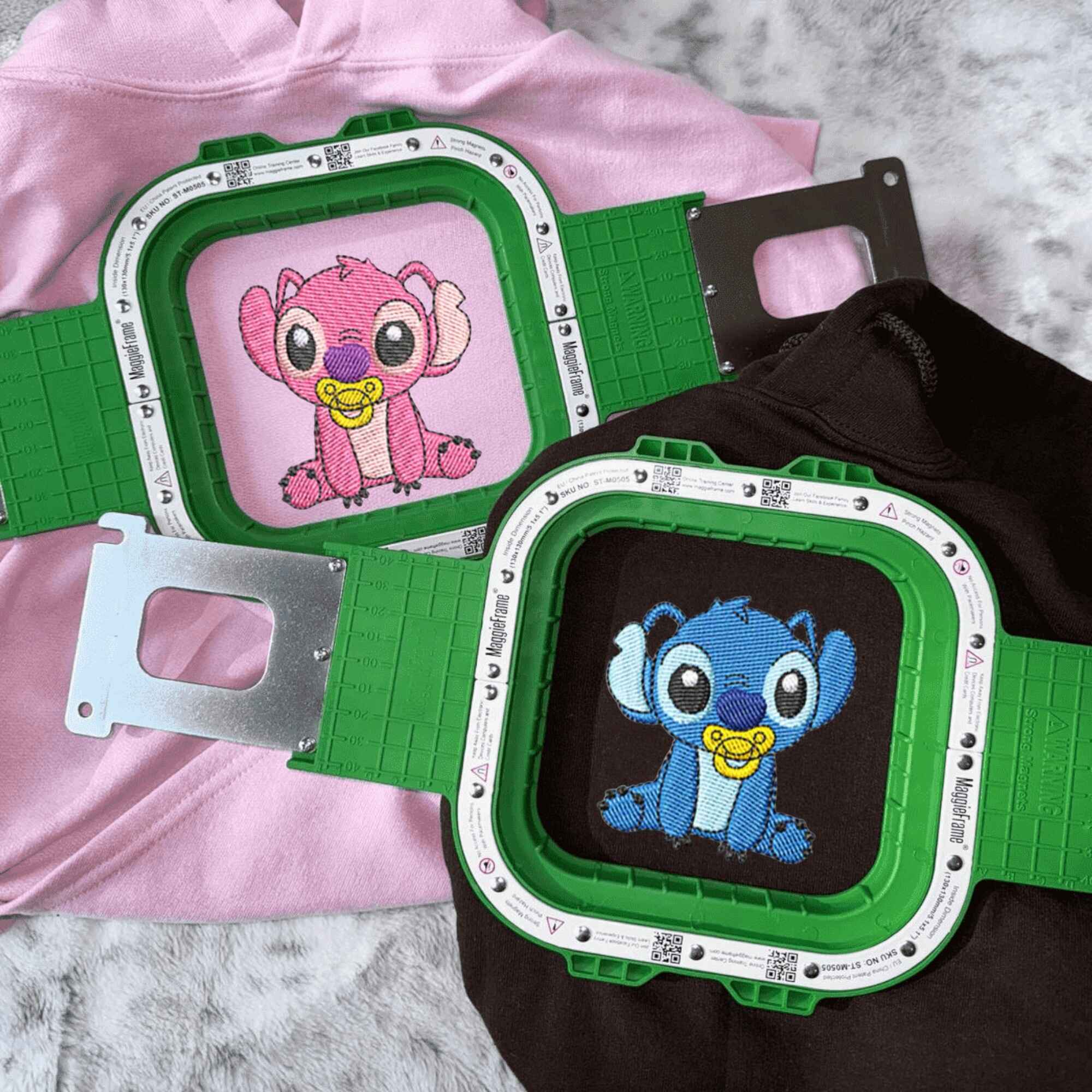 Matching couple hoodies featuring baby versions of Stitch and Angel, ideal for fun custom gifts.
