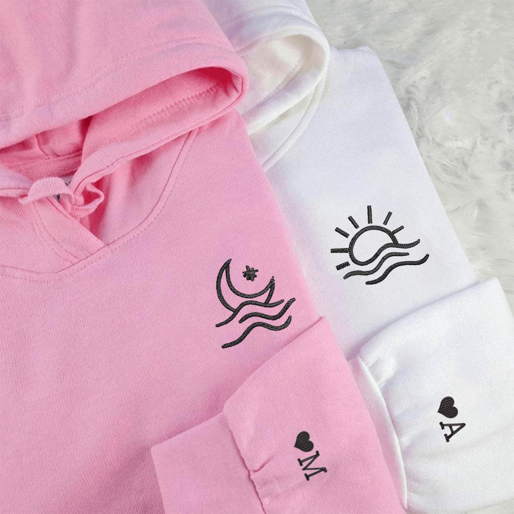 Custom embroidered sun and moon matching hoodies for couples.
