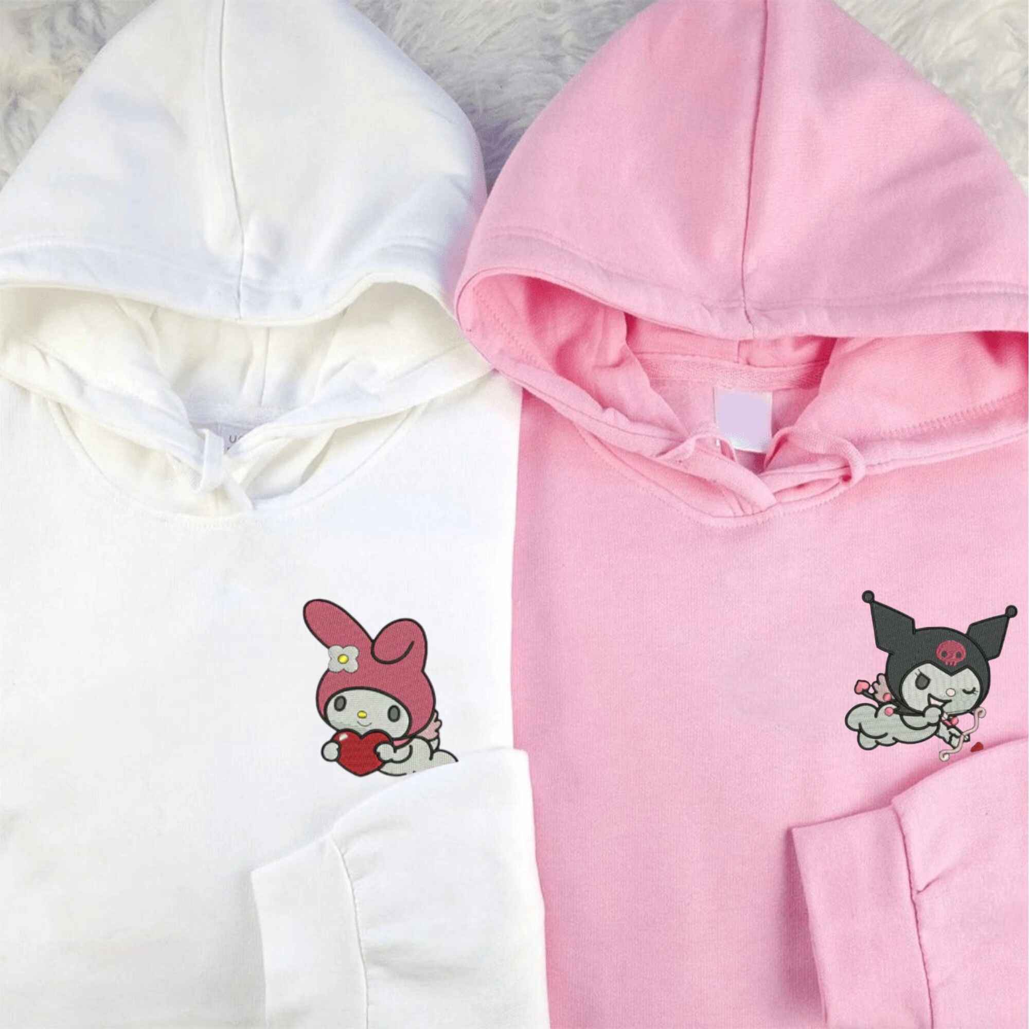 Custom My Melody & Kuromi couple hoodies with embroidered designs.
