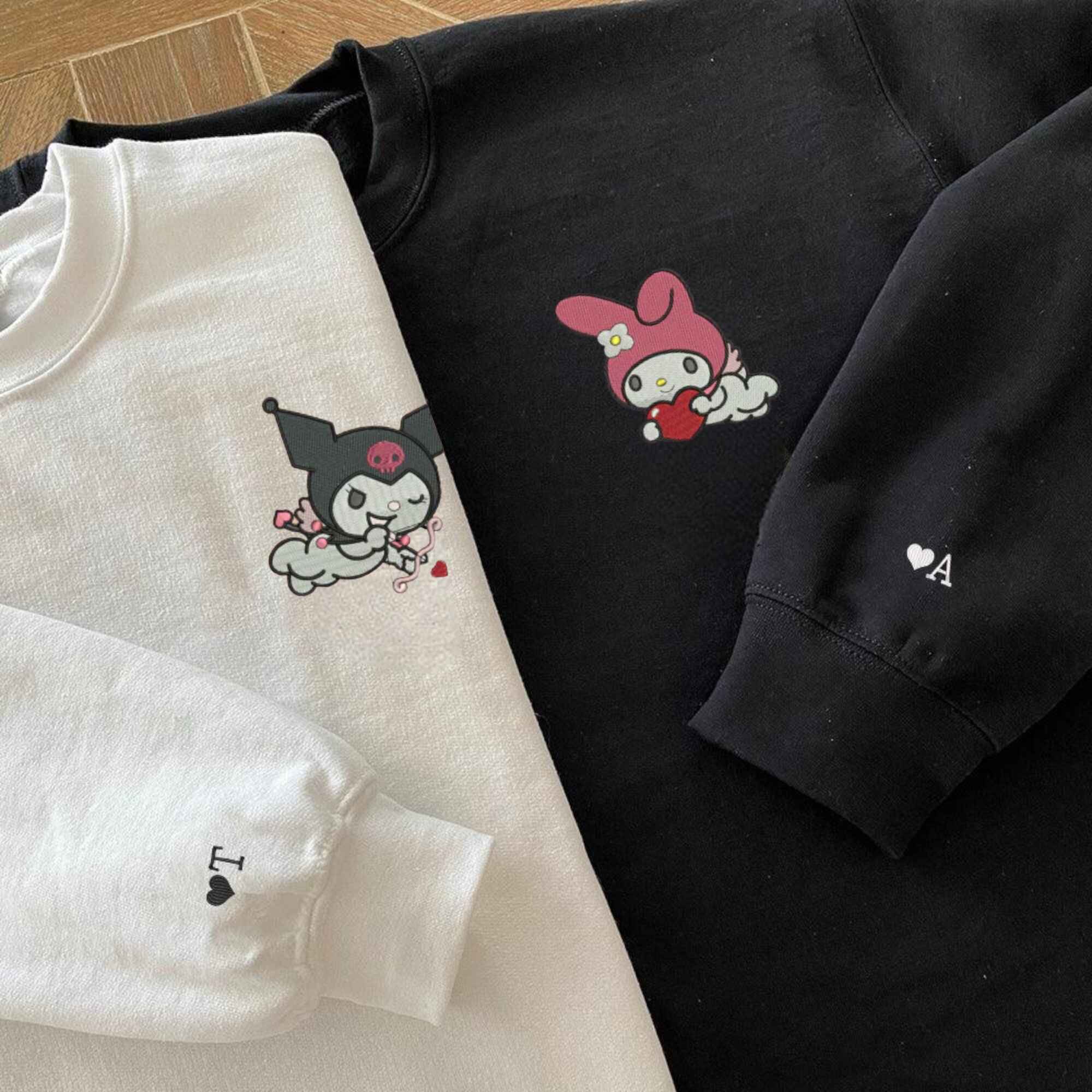 Cute anime couple hoodies featuring My Melody and Kuromi.
